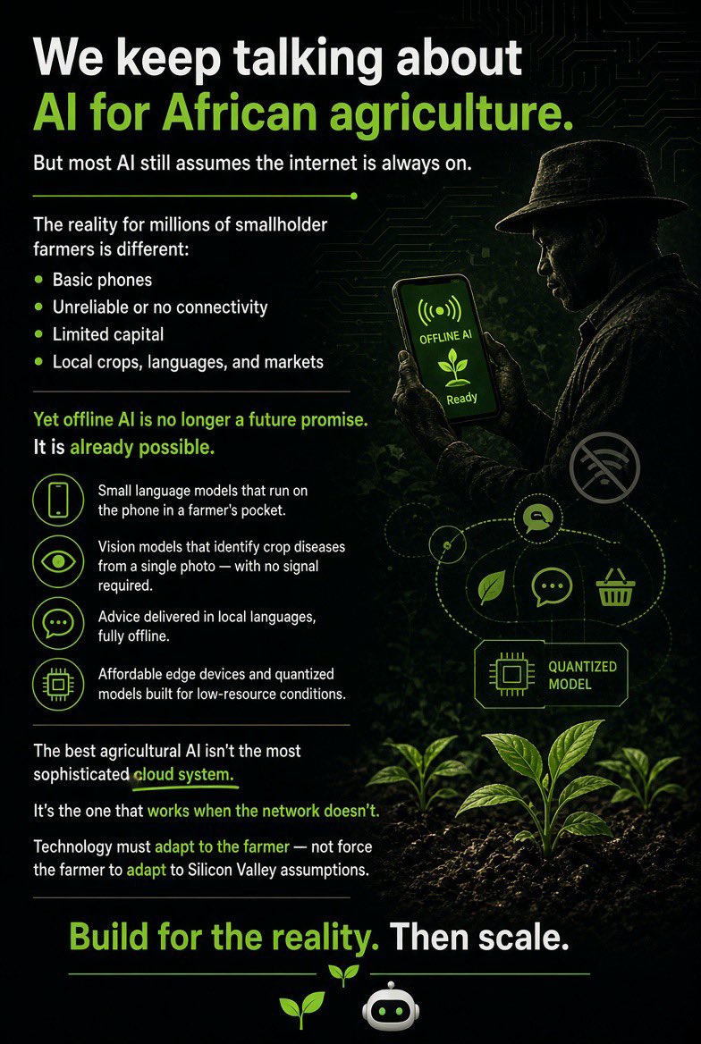 shyakaTechAg's tweet photo. We keep talking about AI for African agriculture.
But most AI still assumes the internet is always on.
The reality for millions of smallholder farmers is different:
• Basic phones
• Unreliable or no connectivity
• Limited capital
• Local crops, languages, and markets https://t.co/Hh7IYvSp1C