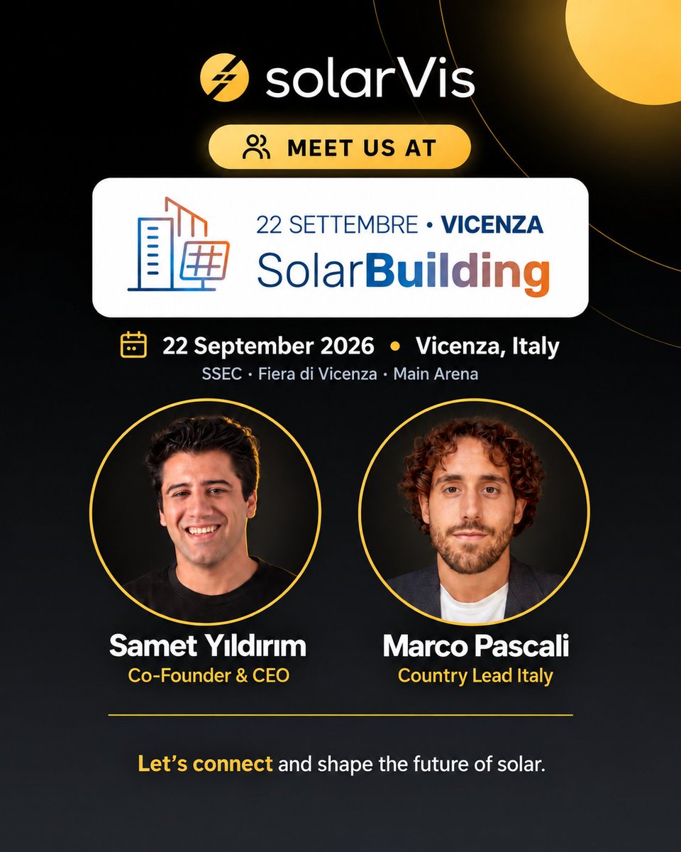 solarvisco's tweet photo. Tomorrow, we’re in Vicenza! 🇮🇹☀️

Our Co-Founder &amp; CEO, Samet Yıldırım, and Italy Country Lead, Marco Pascali, will be attending Solar Building, organized by Italia Solare.

📍 Vicenza, Italy
📅 22 September 2026

See you in Vicenza 😊 https://t.co/lv1wAvSJpT