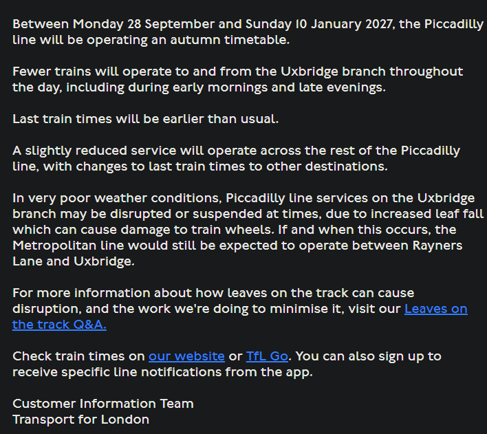harald_b's tweet photo. Apparently the usual yearly leafgeddon on Piccadilly line is coming again.
For sure it has nothing to do with lack of trains and delayed work to finish 7-yrs delayed signal upgrade.
Magically leaves somehow do not fall on Metropolitan line tracks.
#uselessTFL https://t.co/57EnzNlGBr
