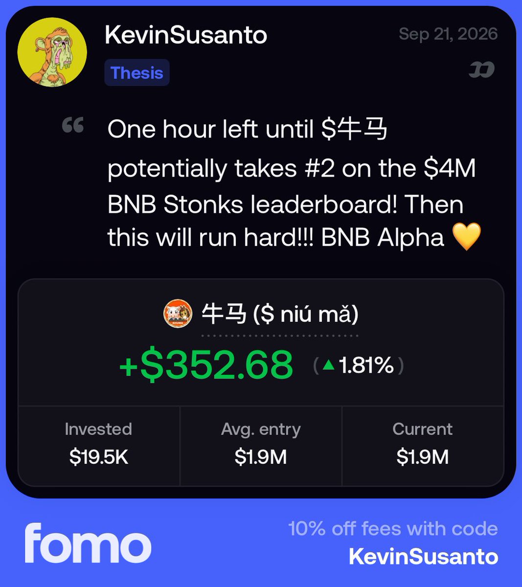 KevinSusanto's tweet photo. 𝗚𝗠 🚨 𝗜’𝗩𝗘 𝗕𝗘𝗘𝗡 𝗔𝗖𝗖𝗨𝗠𝗨𝗟𝗔𝗧𝗜𝗡𝗚 $𝗡𝗜𝗨𝗠𝗔 𝗙𝗢𝗥 𝗔 𝗪𝗛𝗜𝗟𝗘 👀

One hour left until $牛马 potentially takes #2 on the $4M BNB Stonks leaderboard.

$250K in BNB rewards for NIUMA holders… 👀

Last week’s winners all happened to be listed on Binance Alpha + Spot.

Taking my hunch, time to top blast again. 🐴🚀

@flapdotsh Alpha → BN Alpha → maybe NIUMA next?

Let’s see. 🫡 0xb077ada375b5e416f15e8b8f6827dadfa53a7777