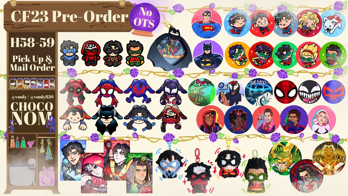 vnnly820's tweet photo. [🔁+💜 appreciated🥹🫶🏻]
✨CHOCONOM PO ONLY #CF23✨

🛒 Pick up (no OTS) &amp; Mail Order🇮🇩
📍 H58-59 (SAPOTO STUDIO)
🗓️ 21 Sept - 3 Oct
🔮 DC (superbat, batfam, superfam), Marvel Rivals, Spiderverse, BNHA (last stock!)

#cf23catalogue #comifuro23 https://t.co/3yjNqb4NIV