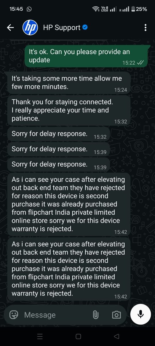 Chiranjeev3414's tweet photo. @Swiggy @instamart_it While trying to resolve it with the HP support team @HP , we realized that the laptop had been purchased via Flipkart a year ago and then listed on Swiggy (while conveniently hiding this crucial information) and that this made warranty claims invalid. https://t.co/GPYzqviScP