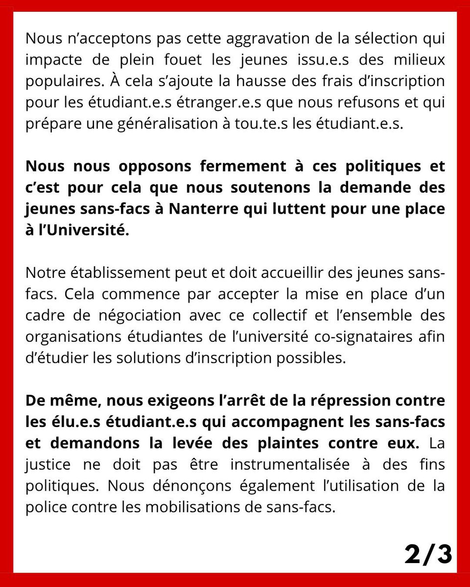unefnanterre's tweet photo. 🔴🔴 NOUS EXIGEONS DES SOLUTIONS D’INSCRIPTION POUR LES SANS-FACS ET L’ARRÊT DE LA RÉPRESSION ! 🔴🔴

Courrier envoyé à la présidence de l’université de Nanterre aujourd’hui signé par la FSU Paris-Nanterre, Sud Éducation UPN, le collectif des sans-facs de Nanterre, l’UNEF Nanterre, l’Union étudiante Nanterre, le Poing Levé Nanterre, la FSE Nanterre. Les Unions Départementales 92 FSU, Solidaires et Force Ouvrière sont également signataires. 

Nos organisations sollicitent un rendez-vous avec l’équipe présidentielle concernant la situation des jeunes sans affectations constitués en collectif sur le campus. Nous apportons notre soutien à la lutte des sans-facs ! La répression ne sera jamais une solution et doit cesser, Nanterre peut et doit accueillir des jeunes sans-facs.

Nous attentons une réponse de la part de la présidence. Étudier est un droit, pas un privilège !
