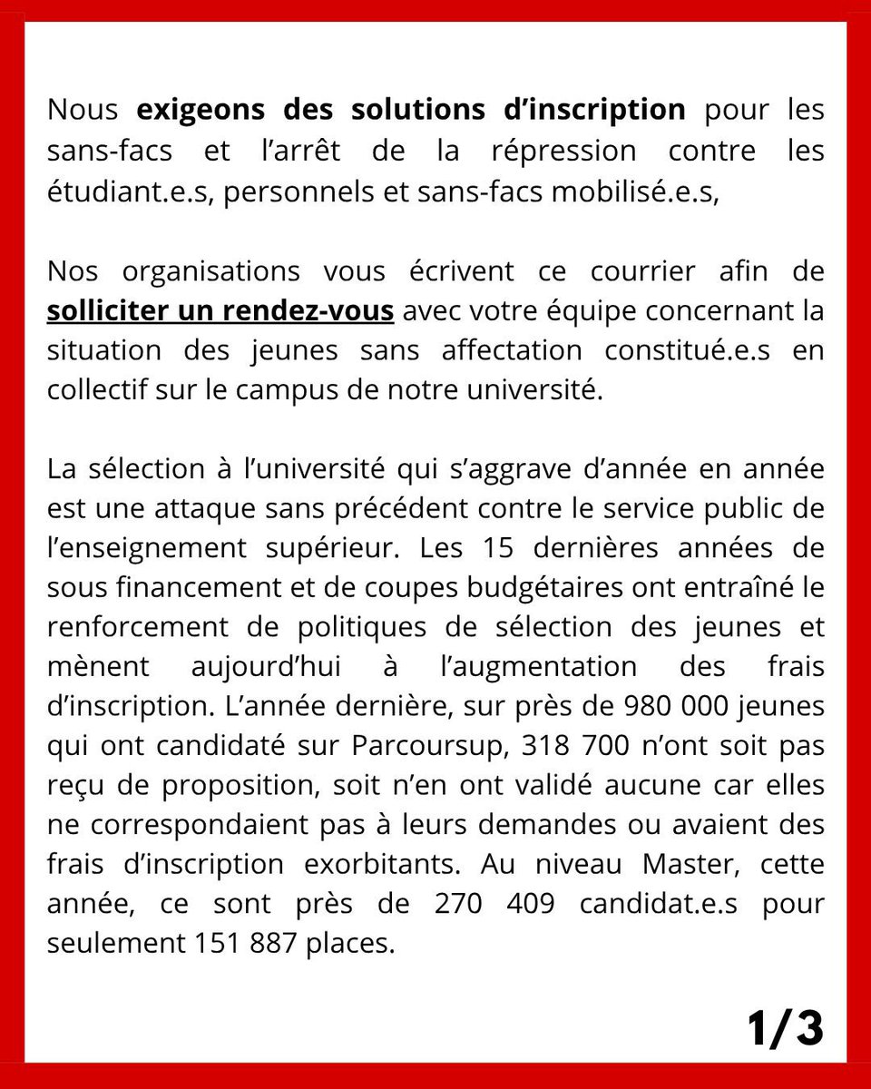 unefnanterre's tweet photo. 🔴🔴 NOUS EXIGEONS DES SOLUTIONS D’INSCRIPTION POUR LES SANS-FACS ET L’ARRÊT DE LA RÉPRESSION ! 🔴🔴

Courrier envoyé à la présidence de l’université de Nanterre aujourd’hui signé par la FSU Paris-Nanterre, Sud Éducation UPN, le collectif des sans-facs de Nanterre, l’UNEF Nanterre, l’Union étudiante Nanterre, le Poing Levé Nanterre, la FSE Nanterre. Les Unions Départementales 92 FSU, Solidaires et Force Ouvrière sont également signataires. 

Nos organisations sollicitent un rendez-vous avec l’équipe présidentielle concernant la situation des jeunes sans affectations constitués en collectif sur le campus. Nous apportons notre soutien à la lutte des sans-facs ! La répression ne sera jamais une solution et doit cesser, Nanterre peut et doit accueillir des jeunes sans-facs.

Nous attentons une réponse de la part de la présidence. Étudier est un droit, pas un privilège !