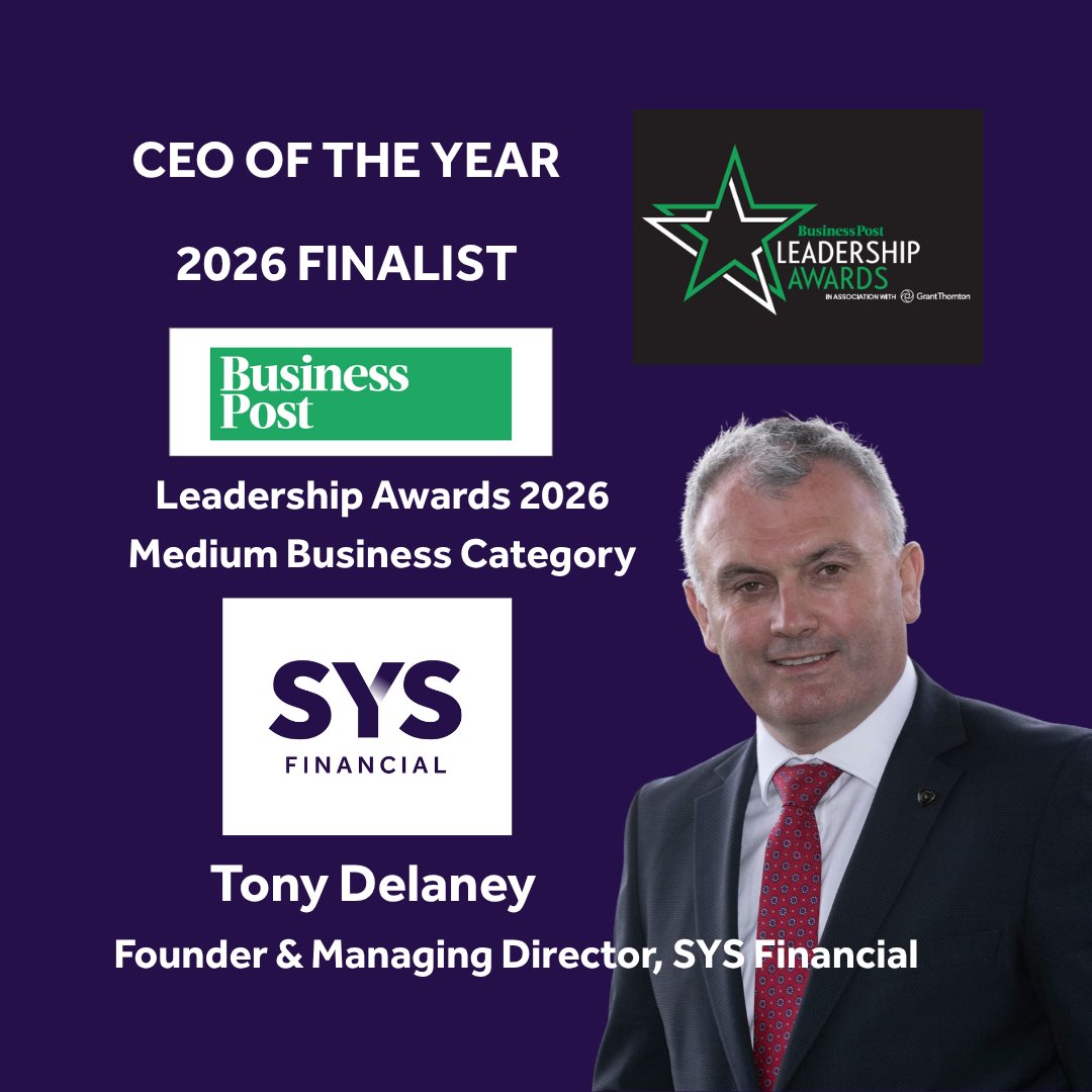 SYSFinancialIre's tweet photo. Proud moment for SYS Financial 👏
Our Founder &amp; Managing Director, Tony Delaney, has been named a finalist for CEO of the Year (Medium Business) at the Business Post Leadership Awards 2026.
Congratulations Tony and best of luck on the night! ⭐
#LeadershipAwards #CEOoftheYear https://t.co/EVK5DfxRfJ