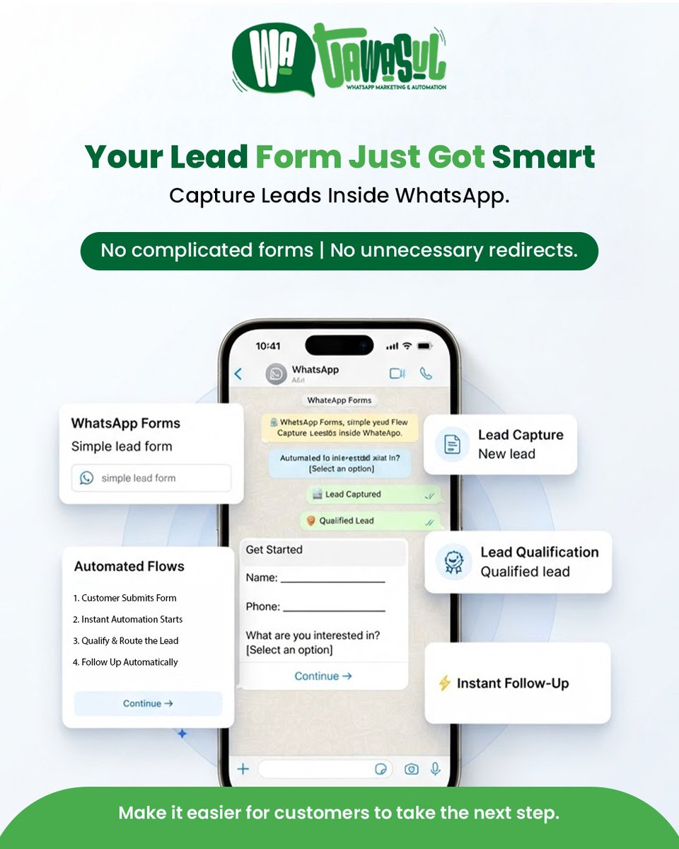 creativeiinc's tweet photo. 💬 Your lead form just got smarter! 🚀

Capture, qualify &amp; follow up with leads directly inside WhatsApp — no complicated forms or redirects.

🌐 https://t.co/iD3yzixy4k
📞 +971 55 869 4287 | 📲 @creativeiinc

#WaTawasul #WhatsAppMarketing #LeadGeneration #Automation #UAE https://t.co/vjyLEBP4kv