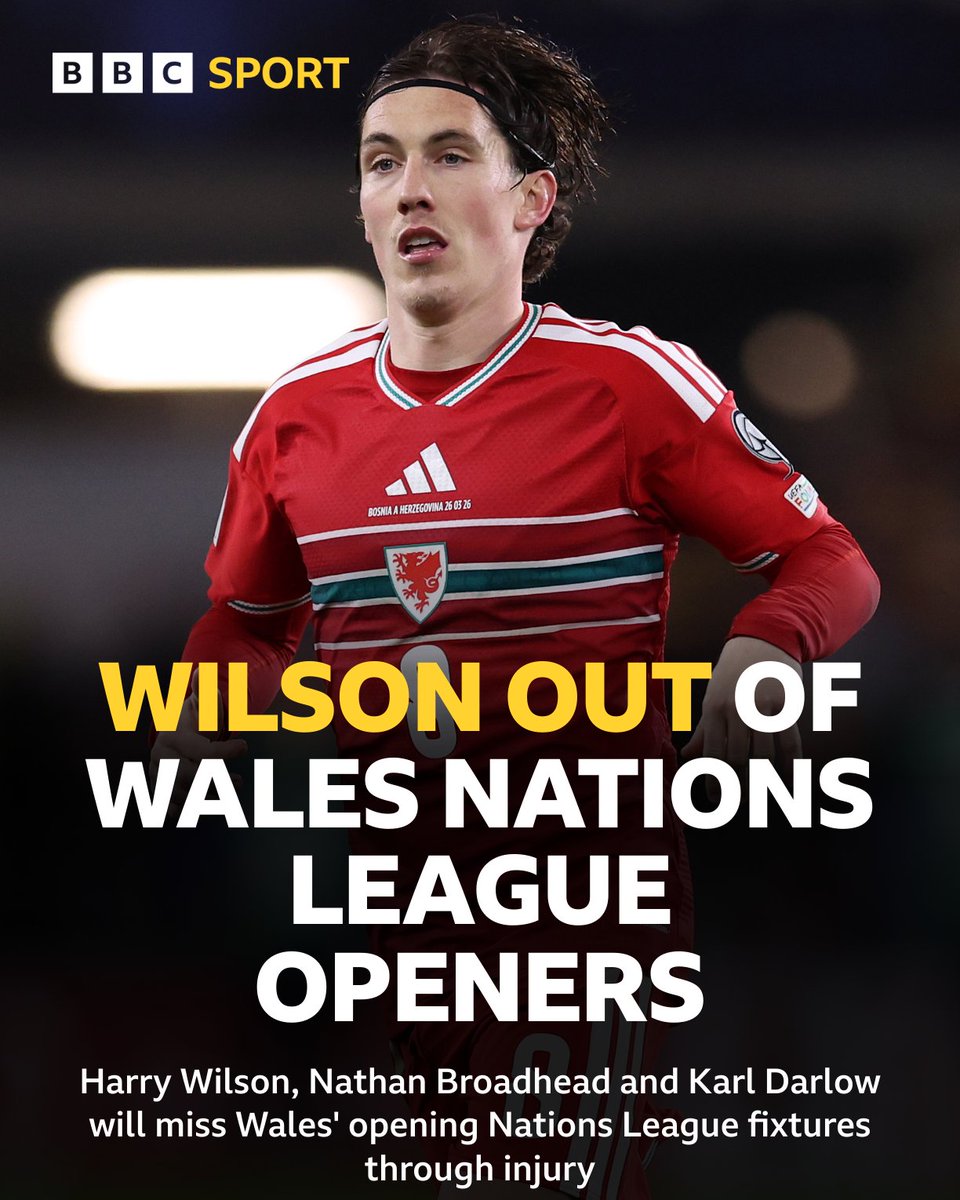 BBCSportWales's tweet photo. Wales injury news❗🚨

Harry Wilson, Nathan Broadhead and Karl Darlow are all out of Wales’ opening Nations League matches ❌🏴󠁧󠁢󠁷󠁬󠁳󠁿

Huddersfield striker Joe Taylor, Reading midfielder Charlie Savage and Leicester goalkeeper David Cornell have been called up to the squad ✅

#BBCFootball