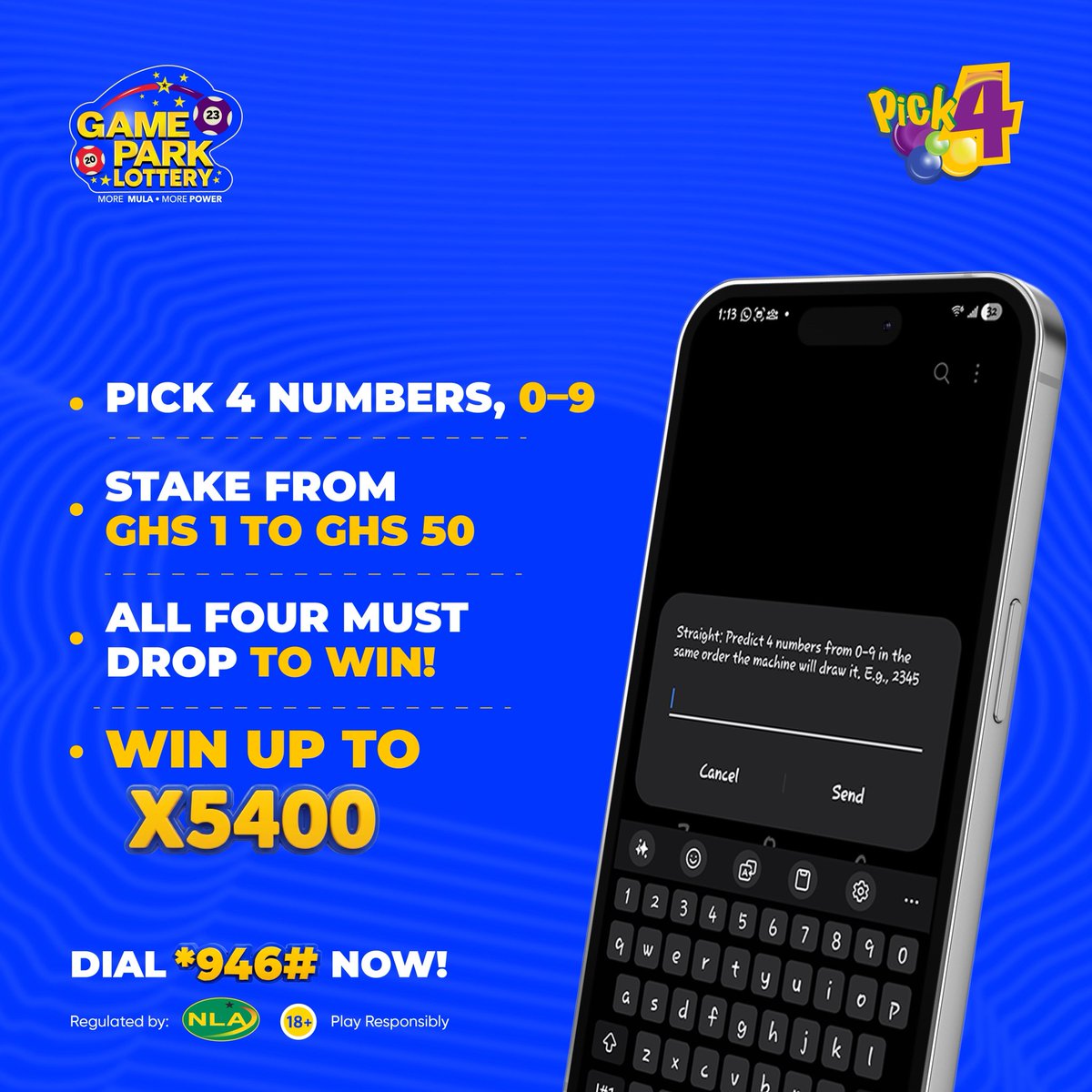 GamePark_GH's tweet photo. Turn GHS1 into up to 5,400X your stake! Then Play Now!
Dial *946# to play Pick 1 + Gold Ball daily and gain a shot at winning Mula and weekly jackpot.
#pick1 #goldball #Apickigold https://t.co/AhBUBWFmyQ