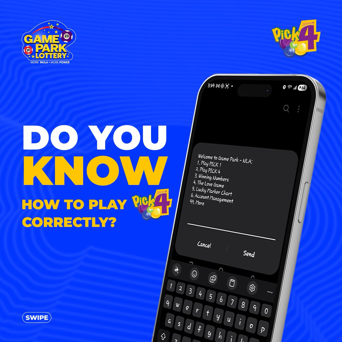 GamePark_GH's tweet photo. Turn GHS1 into up to 5,400X your stake! Then Play Now!
Dial *946# to play Pick 1 + Gold Ball daily and gain a shot at winning Mula and weekly jackpot.
#pick1 #goldball #Apickigold https://t.co/AhBUBWFmyQ