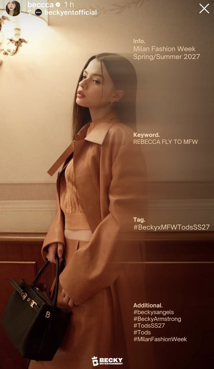 volandoami's tweet photo. Yo amo que Becky sea embajadora de Tod’s y quiero verla triunfar nuevamente ahora en Milán FW 2027🔝✨🧚🤩

#beckysangels #BeckyArmstrong #Tods #TodsSS27 #MilanFashionWeek https://t.co/nAAtgJGYqa