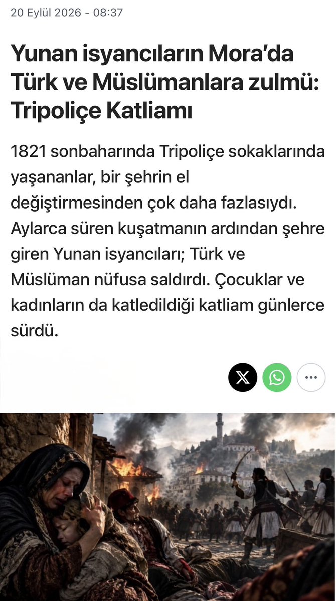 hulusiakarmedya's tweet photo. Tripoliçe’yi unutmadık…

1821,Mora–Tripoliçe…Yunan mezalimi.

Tarihin hafızasına kazınan büyük bir katliam.

40 binden fazla:binlerce Türk ve Müslüman; kadın, çocuk, yaşlı demeden.

Musevileri de…

Bu acı gerçekler, tarihin sessiz sayfalarında kaybolmayacak,
Herkes barbar kim tanıyacak !!!

Unutmadık.
Unutturmayacağız.