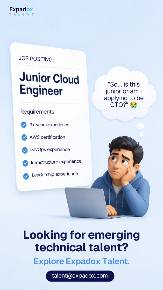 expadoxhq's tweet photo. “Junior Cloud Engineer” 😭

Requirements: 3+ years experience, AWS certification, DevOps, infrastructure + leadership experience.

So… junior or CTO? 😂

Organisations need a better way to discover emerging tech talent with practical skills and room to grow.

#ExpadoxTalent https://t.co/ifQ1ADMIOB