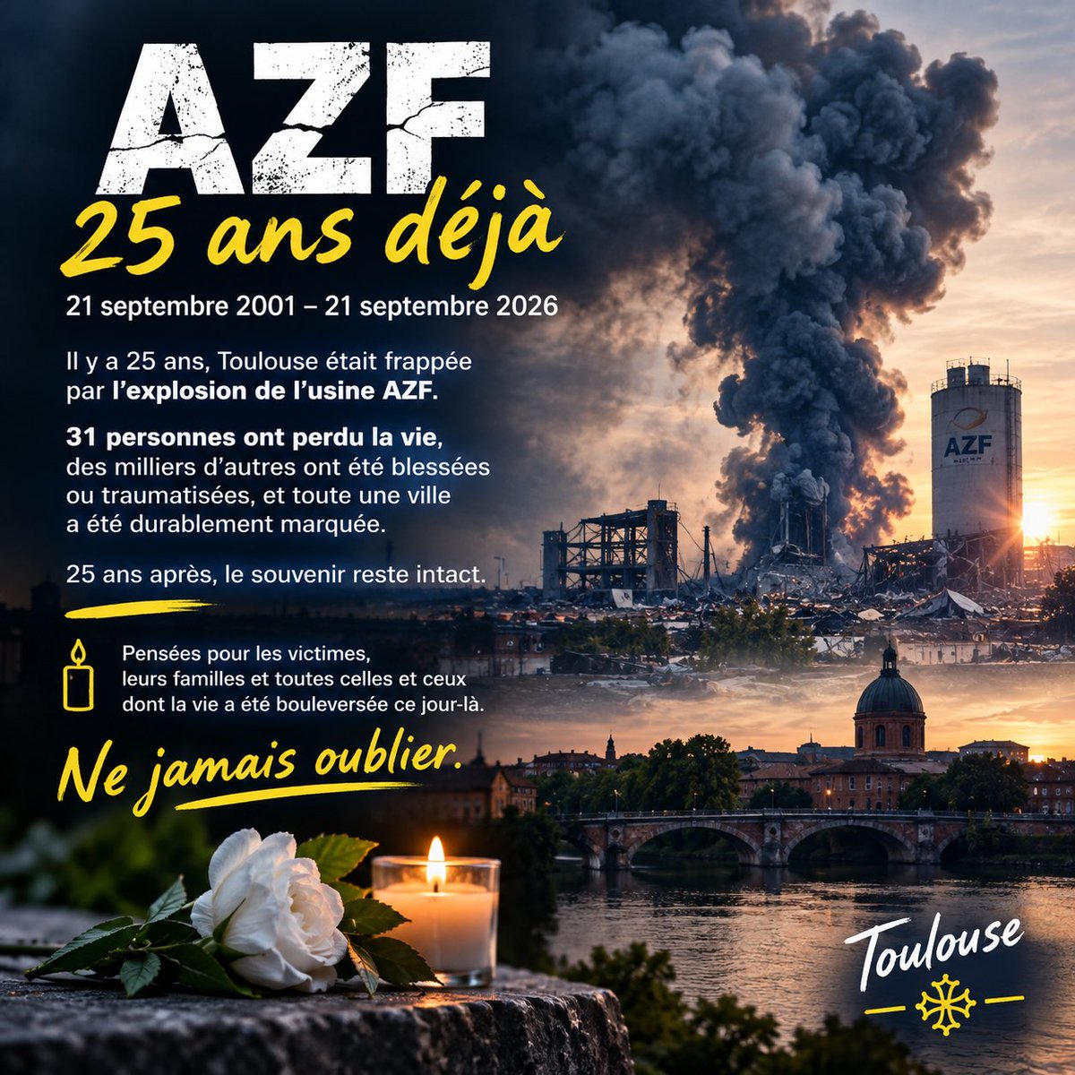 maxime_mayoral2's tweet photo. 💔 Il y a 25 ans, l’explosion d’#AZF frappait #Toulouse.

31 morts, des milliers de blessés, une ville traumatisée.

🕯️ 25 ans après, nous n’oublions pas.

#AZF #Toulouse #NeJamaisOublier https://t.co/uteyYR4TwS