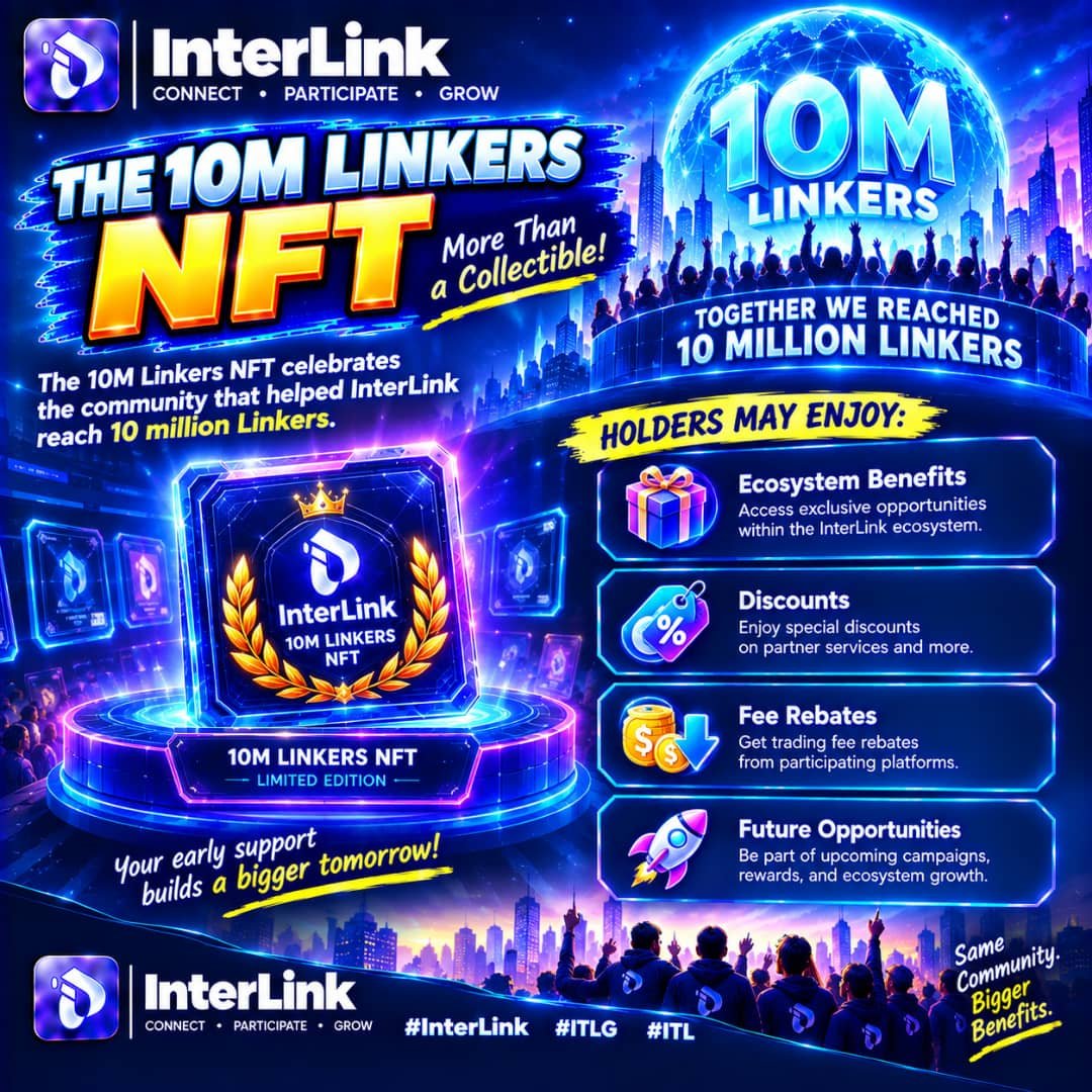 DAN_KWARAY's tweet photo. The 10M Linkers NFT celebrates the community that helped InterLink reach 10 million Linkers. 💎
Holders may enjoy ecosystem benefits, discounts, fee rebates, and future opportunities. 🚀
#InterLink #ITLG #ITL https://t.co/p32Qycje6R