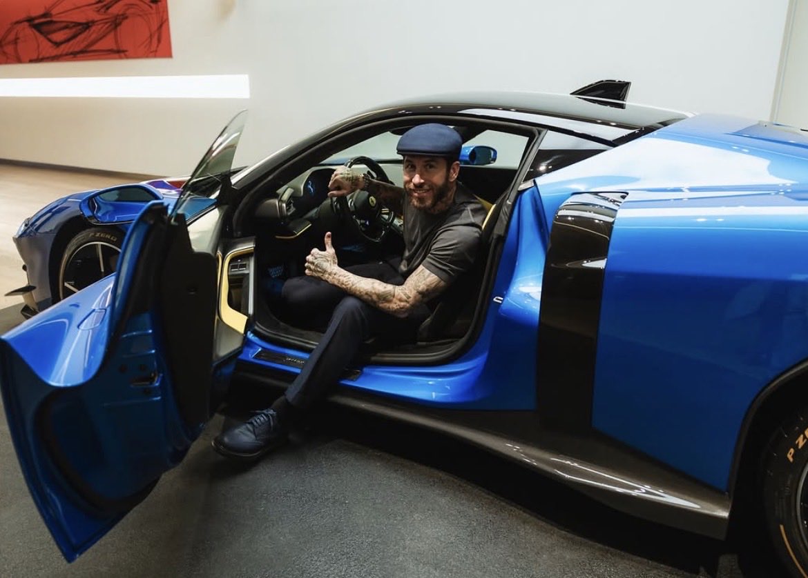 Just_Emma30's tweet photo. Sergio Ramos went to pick up his £500k Ferrari 12Cilindri at the Ferrari Atelier, customized by the Ferrari’s Chief Design officer, Flavio Manzoni. 🏎️🔥 https://t.co/b633jJ72Yi