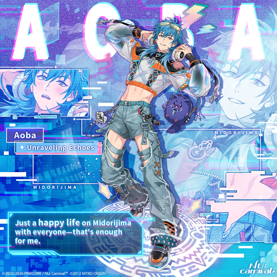 NUCarnivalEn's tweet photo. [Unraveling Echoes | Aoba]

"Just a happy life on Midorijima with everyone—that's enough for me."

Taking Eiden on a midnight stroll, Aoba follows him into a mystical shop that wasn't there before... As he tries to make sense of the unusual items on display, an unseen force silently takes hold...

Perform summons on this limited contract with "[CYBERNEtical] Data Chip ．Limited-Time x1," "Essence Contract x1," or "Spirit Gem x600"~
Utilize the "Targeted Contract" system to gain 1 Bond Point whenever you summon a non-designated SSR ally. Once your Bond Points reach the required amount, your next SSR pull is guaranteed to be your designated ally! ✨
* For character details and contract odds, please refer to the upcoming announcement.

#NUCarnival #CHiRAL #DMMd #CYBERNEticalParadox #Aoba