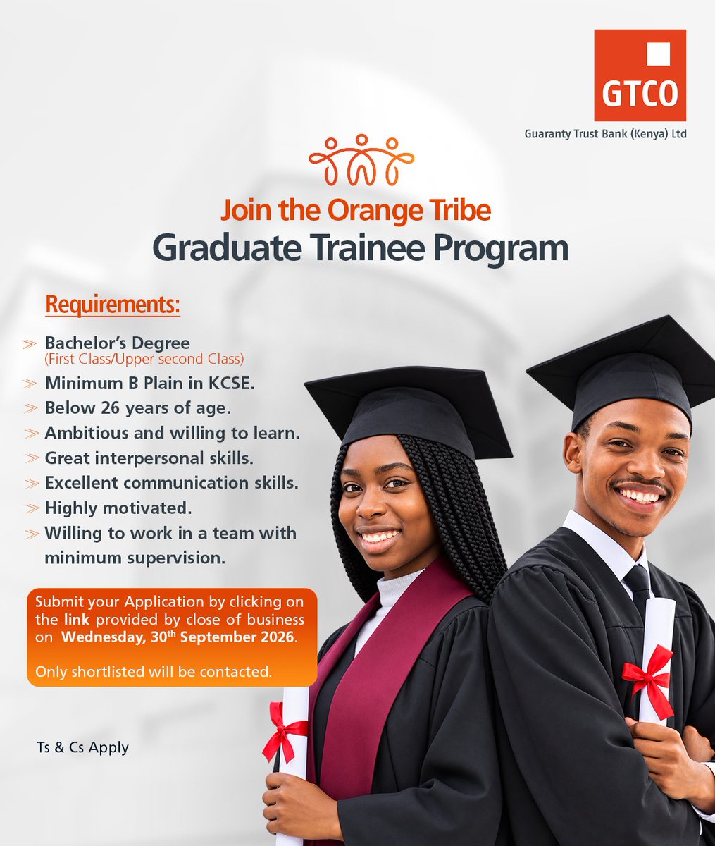 gtbankke's tweet photo. Are you a young, ambitious and savvy graduate ready to join the Orange Tribe?

We are looking for graduate to kick-start their careers and grow with us.

Ready to take the next step? Submit your application through the link below:

https://t.co/uuQRsOpNbb

#OrangeTribe #GTBankKenya #Internships #IkoKazi #GraduateTrainee