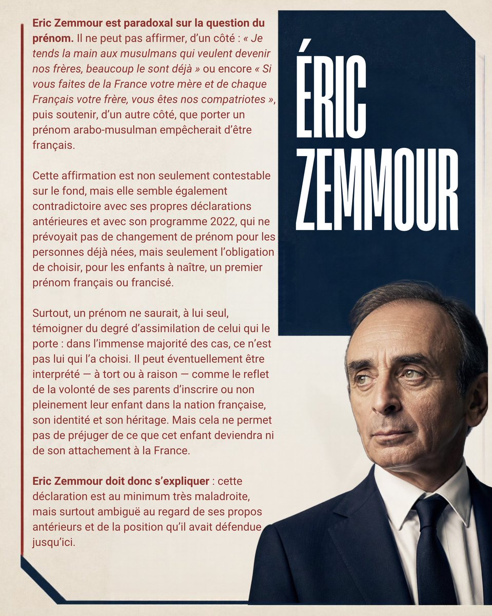 FaireNationFR's tweet photo. Eric Zemmour est paradoxal sur la question du prénom. Il ne peut pas affirmer, d’un côté : « Je tends la main aux musulmans qui veulent devenir nos frères, beaucoup le sont déjà » puis soutenir, d’un autre côté, que porter un prénom arabo-musulman empêcherait d’être français. https://t.co/AMcsTUzd4J