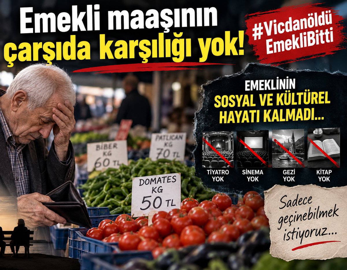 tued_1970's tweet photo. Emekli maaşının çarşıda karşılığı yok!
#VicdanöldüEmekliBitti

EMEKLİNİN SOSYAL VE KÜLTÜREL HAYATI KALMADI... Emekliler yalnızca kendi ihtiyaçlarını değil; eğitim çağındaki çocuklarının, torunlarının ve ailelerinin giderlerini de karşılamaya çalışıyor. Emeklilerin yaşamı büyük ölçüde ev ve mutfak arasında sıkıştı.  Kültürel ve sosyal faaliyetler geri plana itildi...