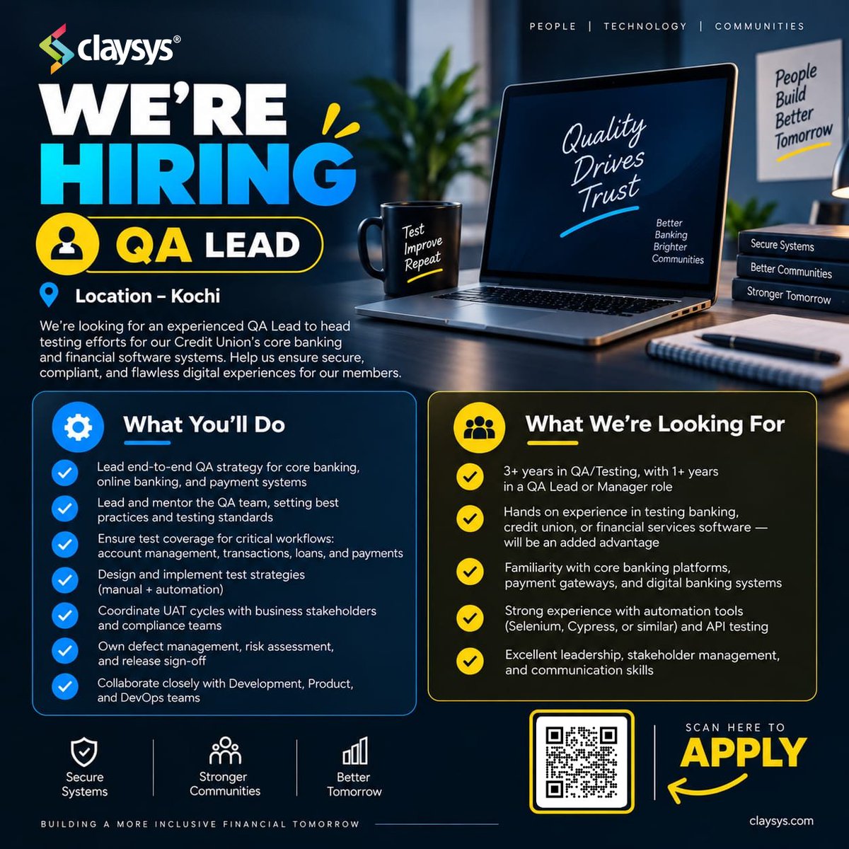 ClaySys's tweet photo. 🚀 We’re Hiring: QA Lead

Join our team to drive quality assurance for financial software systems.

📍 Apply Now.

Learn more: https://t.co/mOWeHq8jnz

#Hiring #QALead #SoftwareTesting #QAJobs #FinTech #BankingTech #TechJobs #QualityAssurance https://t.co/kQrZME1Ylo