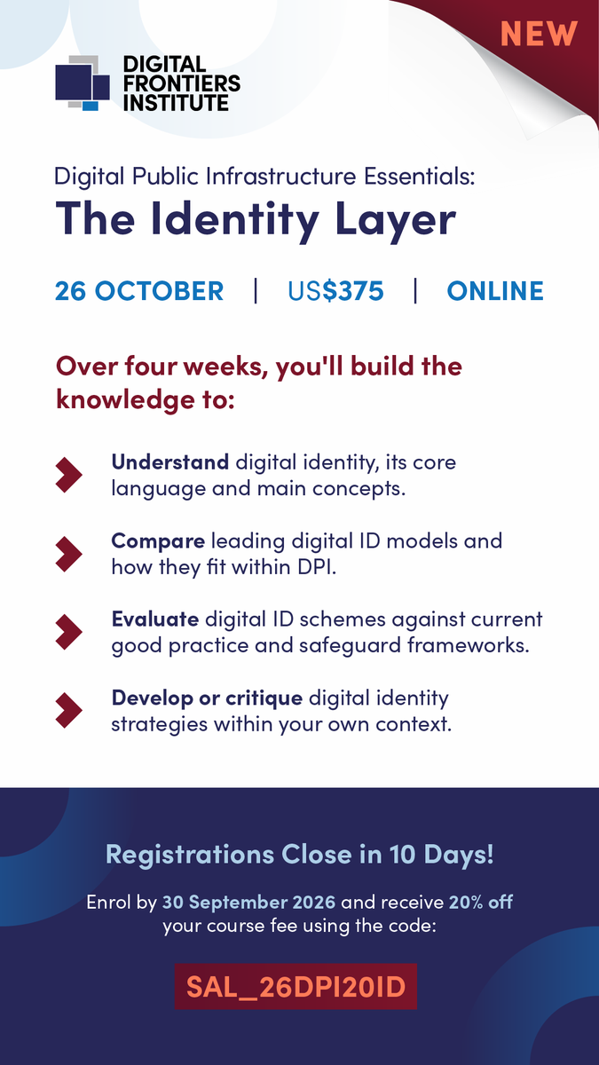DF_dot_org's tweet photo. Public, private &amp; hybrid approaches all play a role in #DigitalPublicInfrastructure. Our new course helps you compare leading models, evaluate good practice &amp; develop digital identity strategies within a #DPI context.
Use code SAL_26DPI20ID for 20% off.
🔗 https://t.co/OfGVWhbpYW https://t.co/Czzj0Rxr2X