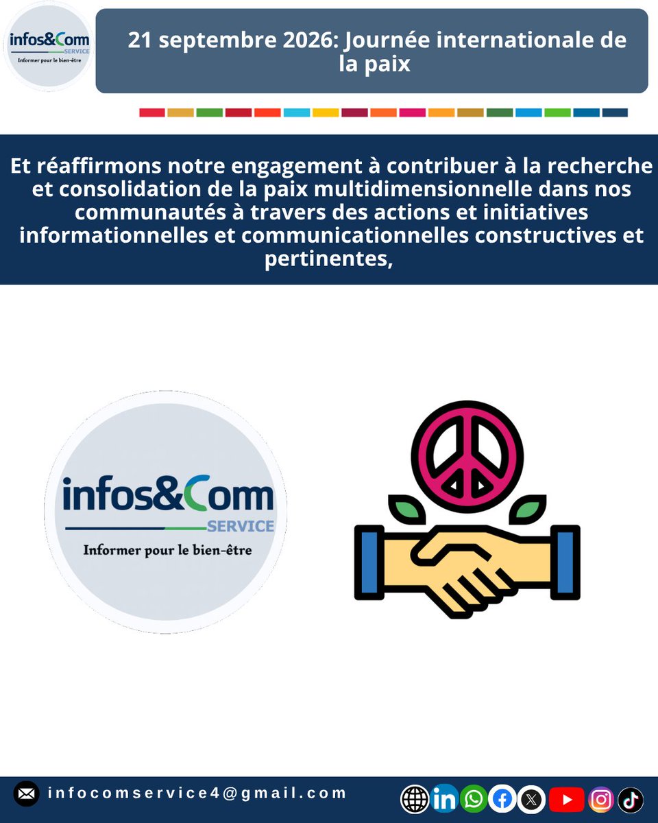 infocomBmka's tweet photo. 21 SEPTEMBRE 2026: JOURNÉE INTERNATIONALE DE LA PAIX 

"Investir dans la paix pour tous, partout et chaque jour" 

#peace #paix #JIF #journeeinternationaledelapaix #InternationalPeaceDay #forpeace https://t.co/1OLVc5HhbL