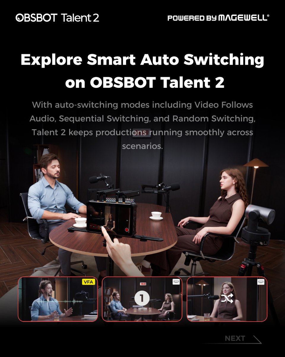 OBSBOT_Official's tweet photo. Let OBSBOT Talent 2 handle the next cut. 🎬

✅ Video Follows Audio — switches to the active speaker
✅ Sequential — follows a fixed order
✅ Random — keeps the visuals varied
Which mode fits your workflow?
Guide: https://t.co/1TKhYd61x6

Powered by Magewell.

#OBSBOT_Talent2 #LiveStreaming