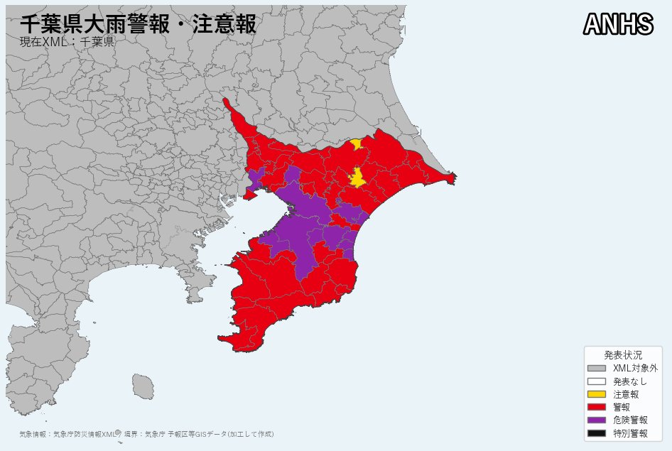 ANHS_X's tweet photo. 【千葉県大雨警報・注意報】
千葉県では、低い土地の浸水や河川の増水に厳重に警戒してください。

・継続 レベル４大雨危険警報：千葉市 市川市 茂原市 東金市 市原市 八千代市 袖ケ浦市 九十九里町 一宮町 長生村 白子町
・継続 レベル３大雨警報：銚子市 船橋市 館山市 木更津市 松戸市 野田市 成田市 佐倉市 旭市 習志野市 柏市 勝浦市 流山市 我孫子市 鴨川市 鎌ケ谷市 君津市 富津市 浦安市 四街道市 八街市 印西市 白井市 富里市 南房総市 匝瑳市 香取市 山武市 いすみ市 大網白里市 酒々井町 栄町 多古町 東庄町 横芝光町 睦沢町 長南町 大多喜町 御宿町 鋸南町
・発表 レベル４大雨危険警報：長柄町

出典：気象庁防災情報XML