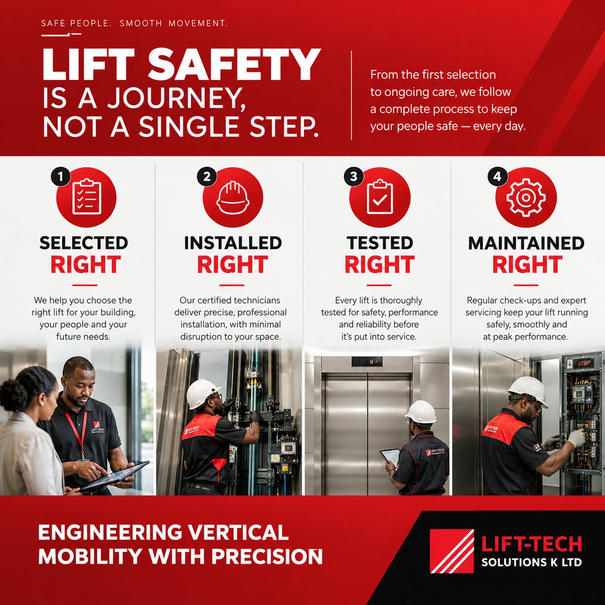 Lift_TechSK's tweet photo. 🛡️Safety starts before the doors open.

When someone steps into a lift, they shouldn’t have to think about what’s keeping them safe.

But behind every smooth, reliable journey are hundreds of decisions made long before the lift is in operation.

From the equipment we select, to installation, alignment, controls, safety systems, testing, commissioning, and ongoing maintenance — every detail matters.

At Lift-Tech Solutions, safety isn’t an afterthought. It’s engineered into every stage of what we do.

Because when you’re moving people, “good enough” is never good enough.

We engineer for safety.
We install with precision.
We maintain for reliability.

Safety starts before the doors open. 🚪⬆️

#LiftTechSolutions #SafetyFirst #ElevatorSafety #LiftSafety #VerticalMobility #Elevators #Engineering #BuildingSafety #PassengerSafety