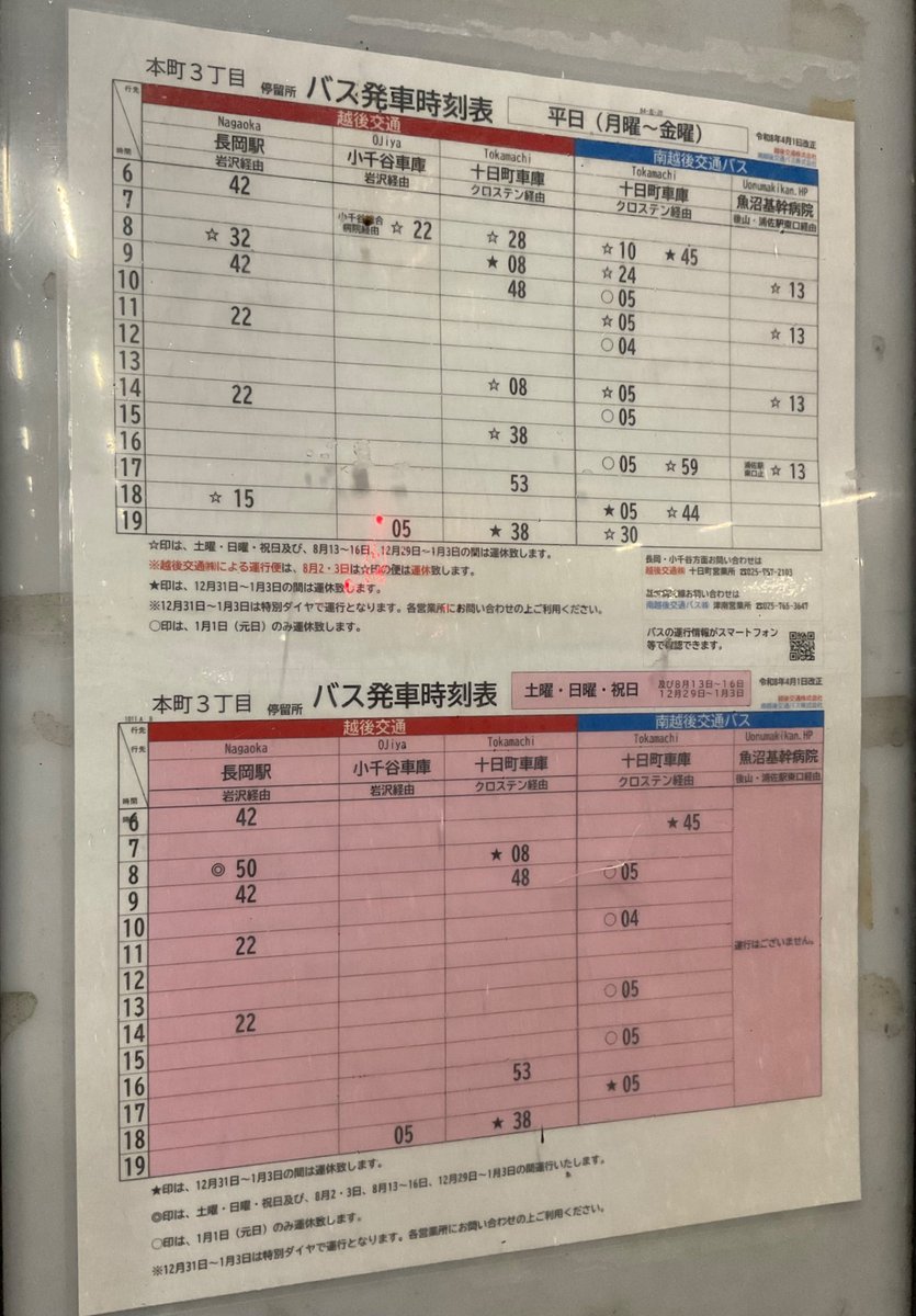 aobatokio's tweet photo. かつてはほぼ1時間おきに運行され、種別は急行・特急
2種類だった長岡〜小千谷〜十日町線。いつしか種別は
急行・快速となり、今や各停留所停車に成り下がった。
高速路線の格下げ車両も見られた当路線は低床車両が
主役となり便数も激減。終バスの時間も繰り上がった。
#越後交通 #長岡十日町線 #バス https://t.co/BCrrjfivRd
