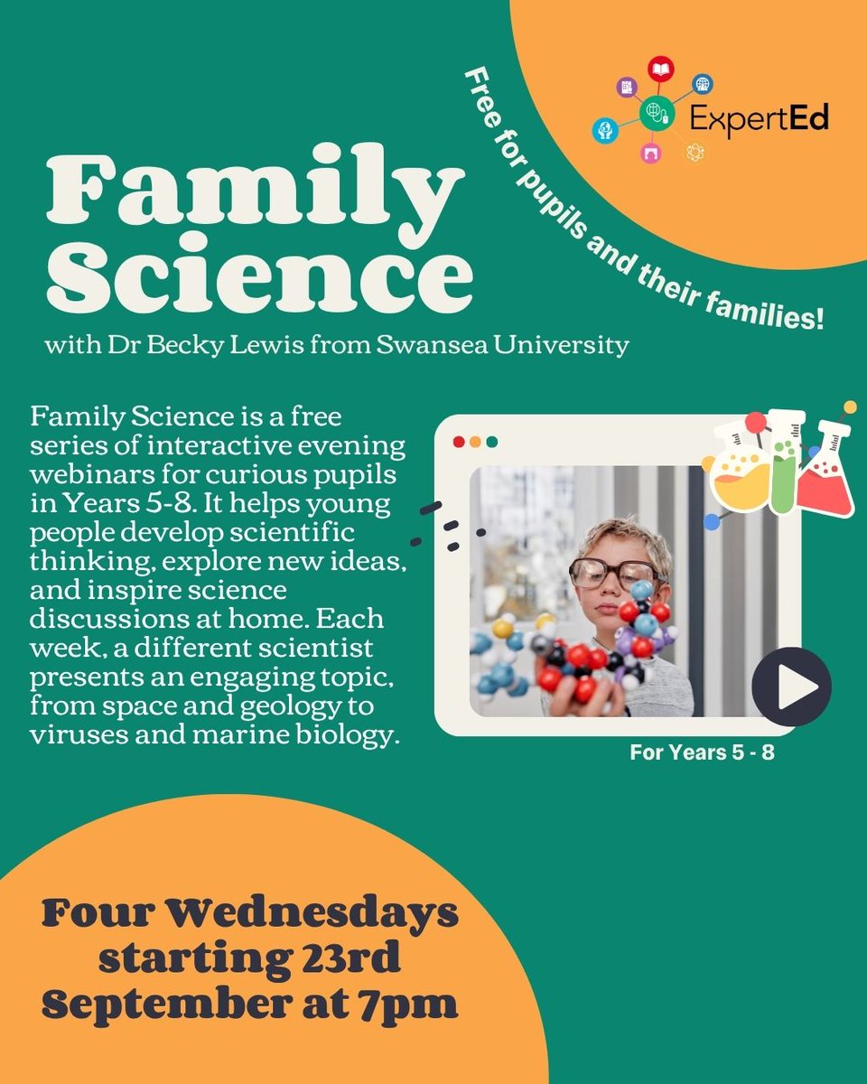 ExpertEdLive's tweet photo. Family Science starts this Wednesday 7pm! Led by Dr Becky Lewis from Swansea Uni, the series challenges pupils and encourages conversation between young minds and their parents. The sessions are fun, interactive, and free! Register here: https://t.co/6AMgNHPsgi in our bio 🚀 https://t.co/rVue3ztAPB