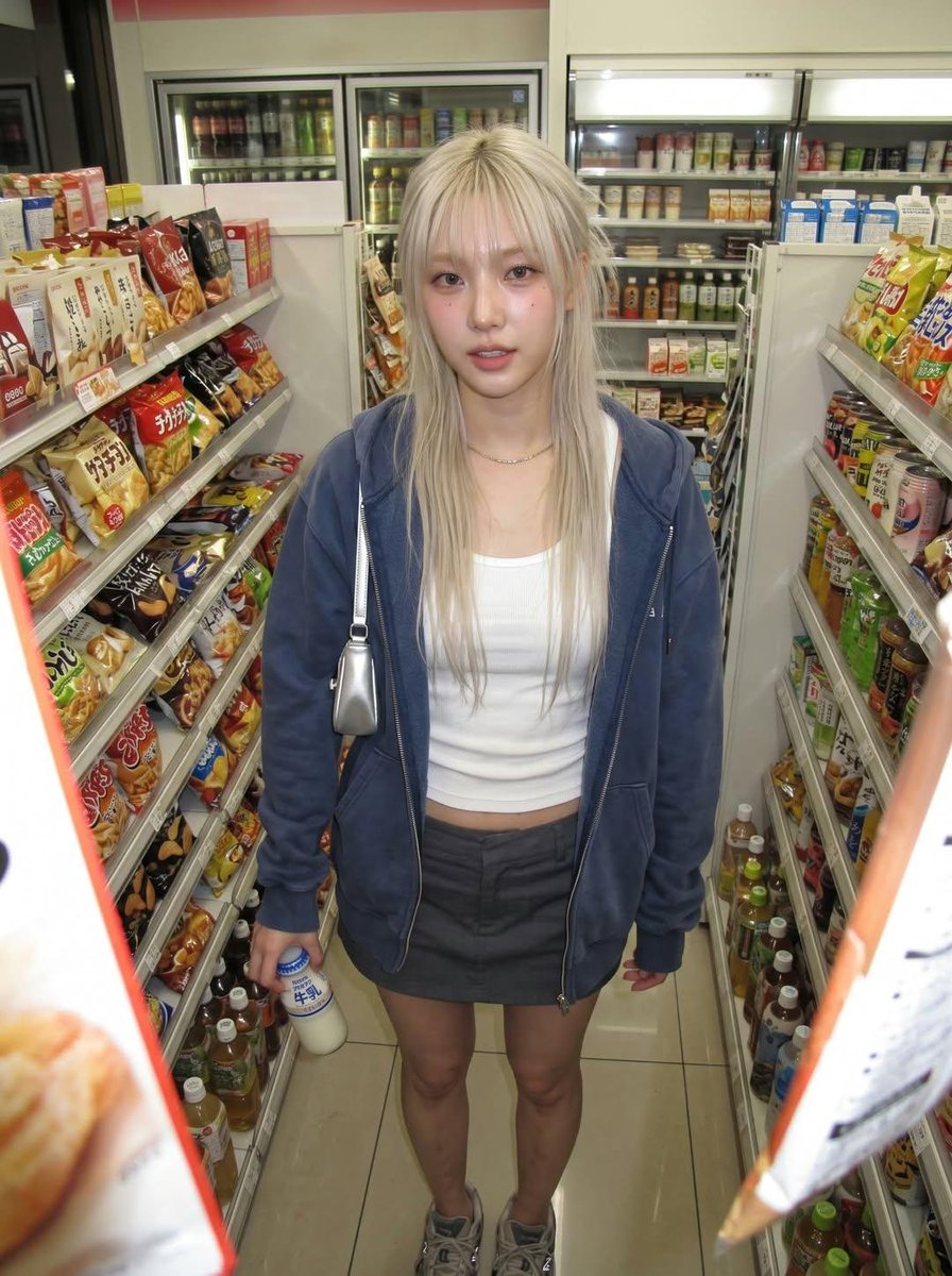 exabell_'s tweet photo. Made with GPT image 2.5

Prompt: CONVENIENCE STORE AT 1:13 AM

GINZA Magazine-inspired Japanese lifestyle fashion editorial × early-2000s Y2K consumer compact digital camera × Korean female idol × raw documentary-fashion hybrid × found photograph aesthetic.

The image must feel like a real photograph discovered inside an old digital camera rather than a deliberately retro-styled AI image.

Japanese urban lifestyle sensibility, understated fashion intelligence, quiet observational storytelling, mundane everyday environment transformed into subtle fashion imagery.

A beautiful young adult Korean female idol standing inside a small Japanese convenience store late at night, casually holding a bottled milk drink while looking directly into the camera.

She wears a faded navy oversized zip hoodie over a white fitted ribbed tank top, low-rise charcoal mini skirt, worn sneakers, tiny silver shoulder bag and thin silver necklace.

Long platinum-blonde hair, slightly messy straight bangs, loose strands around her face.

Soft Korean-Japanese makeup, natural flushed cheeks, subtle taupe eyeshadow, soft pink lips, realistic visible pores.

She stands between narrow convenience-store aisles, refrigerators glowing behind her, shelves of snacks and drinks creating visual clutter.

Photographed extremely close with a late-2000s consumer compact digital camera, 30mm equivalent, ISO 640, f/3.2.

DIRECT ON-CAMERA FLASH, slightly harsh frontal flash, realistic specular highlights on skin and packaging, warm fluorescent ambient light mixing with cooler refrigerator illumination.

Slightly imperfect white balance, clipped highlights on reflective packaging, darker corners, subtle digital noise, mild chromatic aberration, slight edge softness.

The framing feels accidental: part of a shelf enters the foreground, one product is slightly cropped, subject not perfectly centered.

GINZA-inspired quiet Japanese lifestyle sensibility, understated fashion intelligence, raw documentary observation.

LUT: Warm Convenience Digital / muted highlights / fluorescent contamination
Harmony: navy × white × charcoal × refrigerator cyan
sRef: [Y2K-COMPACT-SREF]
Tokens: found photograph, direct flash, consumer digital, mundane location, incidental framing, not retro filter. 
Real photograph, not AI fashion campaign.

3:4 portrait.

NEGATIVE:
studio lighting, beauty campaign, luxury advertising, perfect symmetry, HDR, smartphone photography, cinematic teal orange, plastic skin, excessive bokeh, flawless skin, CGI, illustration, anime, overly posed idol photoshoot.