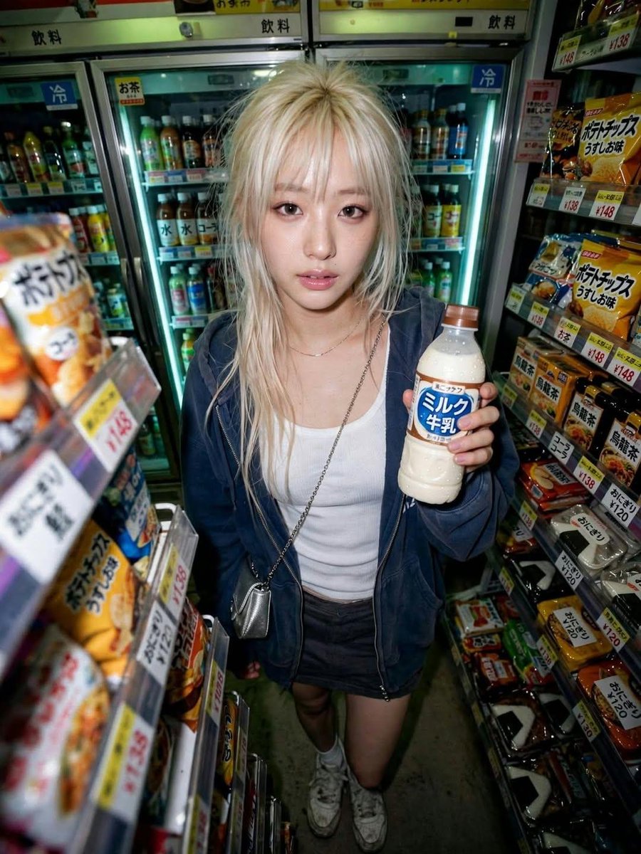 exabell_'s tweet photo. Made with GPT image 2.5

Prompt: CONVENIENCE STORE AT 1:13 AM

GINZA Magazine-inspired Japanese lifestyle fashion editorial × early-2000s Y2K consumer compact digital camera × Korean female idol × raw documentary-fashion hybrid × found photograph aesthetic.

The image must feel like a real photograph discovered inside an old digital camera rather than a deliberately retro-styled AI image.

Japanese urban lifestyle sensibility, understated fashion intelligence, quiet observational storytelling, mundane everyday environment transformed into subtle fashion imagery.

A beautiful young adult Korean female idol standing inside a small Japanese convenience store late at night, casually holding a bottled milk drink while looking directly into the camera.

She wears a faded navy oversized zip hoodie over a white fitted ribbed tank top, low-rise charcoal mini skirt, worn sneakers, tiny silver shoulder bag and thin silver necklace.

Long platinum-blonde hair, slightly messy straight bangs, loose strands around her face.

Soft Korean-Japanese makeup, natural flushed cheeks, subtle taupe eyeshadow, soft pink lips, realistic visible pores.

She stands between narrow convenience-store aisles, refrigerators glowing behind her, shelves of snacks and drinks creating visual clutter.

Photographed extremely close with a late-2000s consumer compact digital camera, 30mm equivalent, ISO 640, f/3.2.

DIRECT ON-CAMERA FLASH, slightly harsh frontal flash, realistic specular highlights on skin and packaging, warm fluorescent ambient light mixing with cooler refrigerator illumination.

Slightly imperfect white balance, clipped highlights on reflective packaging, darker corners, subtle digital noise, mild chromatic aberration, slight edge softness.

The framing feels accidental: part of a shelf enters the foreground, one product is slightly cropped, subject not perfectly centered.

GINZA-inspired quiet Japanese lifestyle sensibility, understated fashion intelligence, raw documentary observation.

LUT: Warm Convenience Digital / muted highlights / fluorescent contamination
Harmony: navy × white × charcoal × refrigerator cyan
sRef: [Y2K-COMPACT-SREF]
Tokens: found photograph, direct flash, consumer digital, mundane location, incidental framing, not retro filter. 
Real photograph, not AI fashion campaign.

3:4 portrait.

NEGATIVE:
studio lighting, beauty campaign, luxury advertising, perfect symmetry, HDR, smartphone photography, cinematic teal orange, plastic skin, excessive bokeh, flawless skin, CGI, illustration, anime, overly posed idol photoshoot.