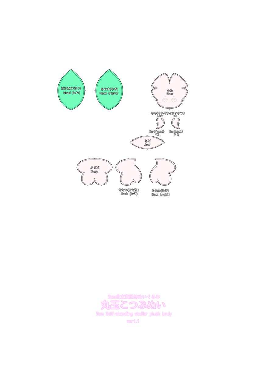 watani_saku_nui's tweet photo. ✨丸玉ぬい型紙配布✨

シンプルで作りやすい、小さなサイズのオリジナル汎用ぬい型紙シリーズです😋小さなマスコットからテーブル人形劇まで幅広く使え、市販の素体との組み合わせも可能です😊
 フリー素材なので商用利用、二次配布、工場依頼など、すべて自由に使っていただけます😋
さらに、改造品に限り「自作発言（版権譲渡）」も可能ですので型紙作りのベースとしてもお使い頂けます😊
ぬい服のサイズ目安（A4等倍）
　 丸玉ぬい　  ➡ 10cmぬい服サイズ
丸玉指パペット ➡ 10cmぬい服サイズ
丸玉ちいこぬい ➡ 7cmぬい服サイズ
丸玉こつぶぬい ➡ 3〜5cmぬい服サイズ
豊富なアレンジ例

1,簡易胖胖体（丸玉ぬい）
2,指人形（丸玉指パペット）
3,自立海星体（丸玉ちいこぬい・丸玉こつぶぬい）
※頭の縫い付け位置を変えれば「寝そべりぬい」にも！お好みでカスタムしてください。

"Marutama Nui" is a series of original, versatile, and easy-to-make small plushie patterns 😋. They are suitable for everything from small mascots to tabletop puppet shows and can even be combined with commercially available plushie bases 😊.
As these are free resources, you are welcome to use them however you like—including for commercial purposes, redistribution, or factory production 😋.
Furthermore, for modified versions, you are even permitted to claim authorship (transfer of rights), so you can use them as a base for creating your own patterns 😊. (The old version is available on the "Internet Archive" with its copyright rights waived ✨.)
Plushie clothing size guide (A4, 1:1 scale)
　 Marutama Nui ➡ Fits 10cm plushie clothes
Marutama Finger Puppet ➡ Fits 10cm plushie clothes
Marutama Chiiko Nui ➡ Fits 7cm plushie clothes
Marutama Kotsubu Nui ➡ Fits 3–5cm plushie clothes
Wide range of arrangement examples

1. Simple chubby body (Marutama Nui)
2. Finger puppet (Marutama Finger Puppet)
3. Self-standing starfish-style body (Marutama Chiiko Nui / Marutama Kotsubu Nui)
*By changing the head attachment position, you can even make a "lying-down" style plushie! Feel free to customize them to your liking.
型紙タグ(任意)→ #丸玉ちいこちゃん

#自作型紙
#自作ぬい