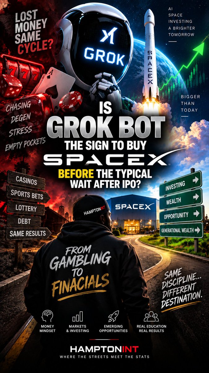 HamptonI57601's tweet photo. 🚀🤖 Is Grok Bot giving us an early signal on SpaceX?
The question isn’t just whether to buy—it’s whether the smarter move could be getting positioned before an IPO versus following the typical “wait after IPO” strategy.
AI + Space + Markets. 👀📈
What would you do: BUY EARLY or WAIT?
#SpaceX #Grok #AI #Investing #IPO #HamptonINT