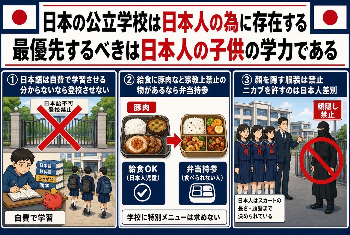 pirooooon3's tweet photo. これを中国人に見せたら
｢日本の学校は日本人のものではない 外国人には学ぶ権利はある｣
と否定してきた

は？日本は日本人のものですが

日本の公立学校は日本人の為に存在する
最優先するべきは日本人の子供の教育である

日本は外国人に合わせて
日本人の学ぶ時間が減らないように
政府は厳格なルールを定めるべき

①日本語は自費で学習させる
日本語が分からないなら登校させない
②給食に豚肉などの宗教上禁止されている物があるなら、弁当を持参
③顔を隠す服装は禁止 
ニカブを許すのは日本人を差別している
日本人はスカートの長さや頭髪が決められている