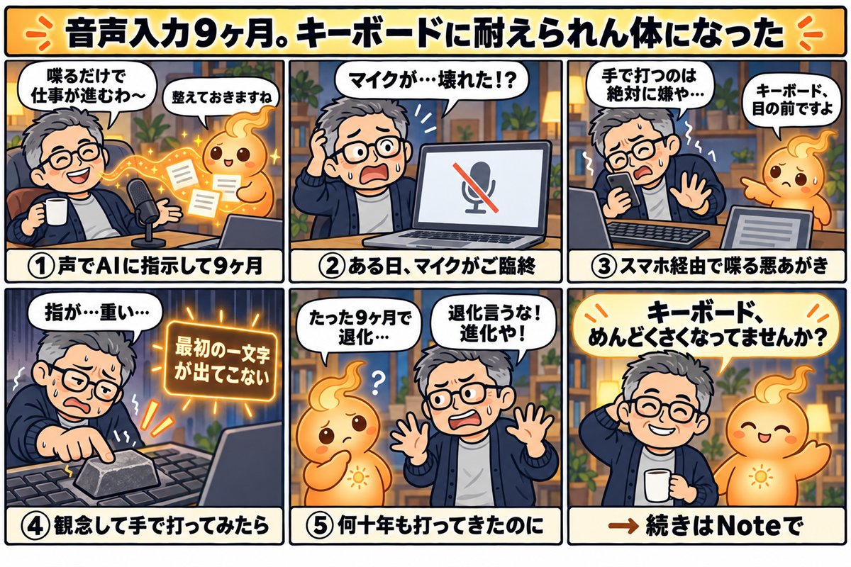 coboost8523's tweet photo. ノートパソコンのマイクが壊れました。
外付けマイクが届くまで、AIへの指示は手入力です。

何十年もキーボードで仕事してきたんです。
せやのに、しんどくて耐えられへん。
目の前にキーボードがあるのに、スマホをリモートで繋いで、スマホに喋って指示を出す始末でした。

音声入力を使い始めて、たった9ヶ月です。

記事リンクは1つ目の返信に置いています。

#音声入力 #AI活用