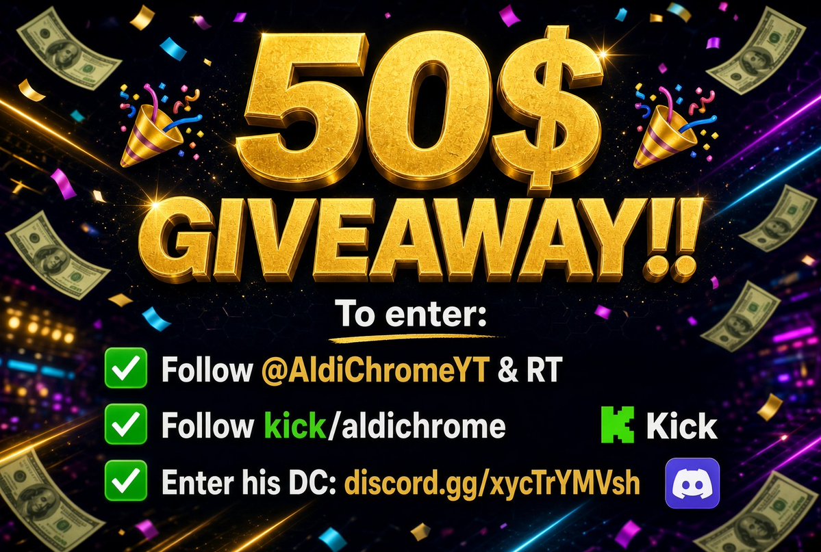 xetroygg's tweet photo. 🎉50$ Giveaway!!🎉

To enter:
✅Follow @AldiChromeYT &amp; RT
✅Follow kick/aldichrome
✅Enter his DC: link below 

⏰Ends in 5 days https://t.co/91fNXz1BS0