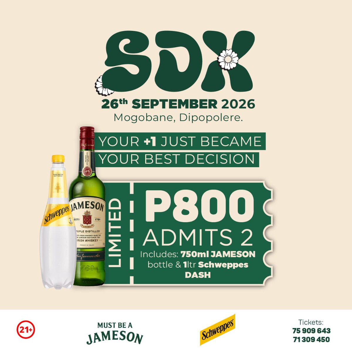 SoDeepBw's tweet photo. Pulling up with your best friend/a buddy or partner and want a drink ? Then our Jameson Double ticket package is for you. 

A 750 ml Jameson + 1L of Schweppes to dash . 

Hit our lines for your ticket delivery. 
#SDX #SoDeepExperience https://t.co/qSToWwKlFH