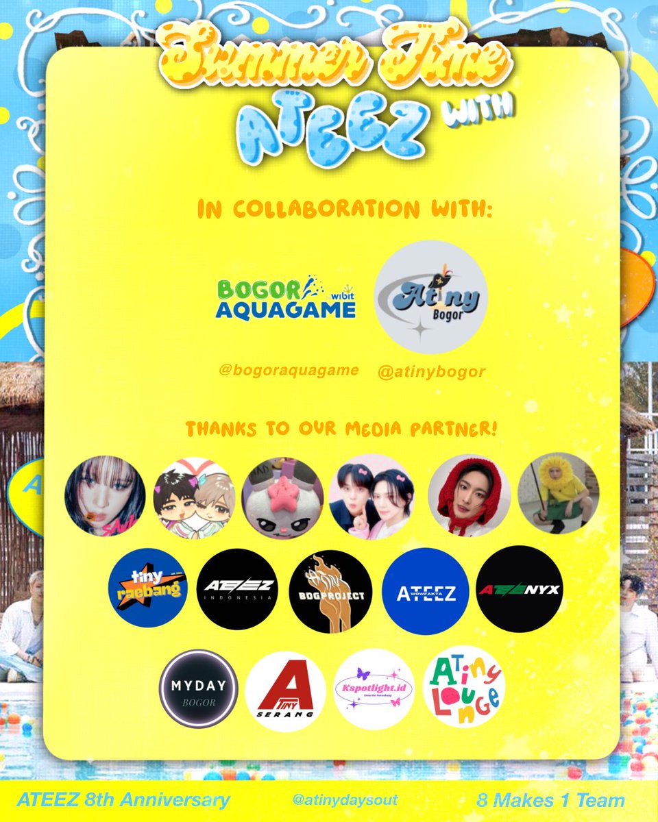 tinyraebang's tweet photo. [MEDIA PARTNER]

🏖️🍹 SUMMER TIME WITH: ATEEZ special 8th ANNIVERSARY 🍋🫧* 

Hakuna Matata Ya! 🌴☀️
Hi, ATINY! Grab your sunscreen, your summer day with ATEEZ is calling! 🏄🏻‍♀️✨

 Mark Your Calendar! 
📅 Minggu, 25 Oktober 2026
📍 Aquagame Bogor
Jl. Danau Bogor Raya No.33, RT.01/RW.07, Tanah Baru, Kec. Bogor Utara, Kota Bogor 
💸 HTM: Rp150.000/orang (DP 50%)
⏰10.00 - 14.00 
🔗https://t.co/wSXAH5huXs (Open form 25 september)

NOTES: Pendaftaran dimulai sebelum jam 10.00

Get ready to splash, play, and celebrate together ‼️
Will you join us? 👀🏴‍���️

☎️ Contact us at: @atinydaysout on Instagram!