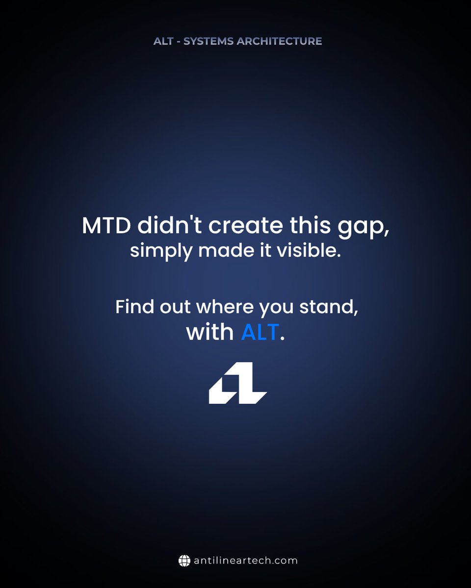 AntiLinearTech's tweet photo. Compliance isn’t a spreadsheet problem. It’s a systems problem.

MTD is exposing the gaps between how businesses record, manage, and report financial data.

ALT is bridging those gaps by connecting the systems behind your financial operations.

Build for what’s next.

#ALT https://t.co/MiXmuLGkwu