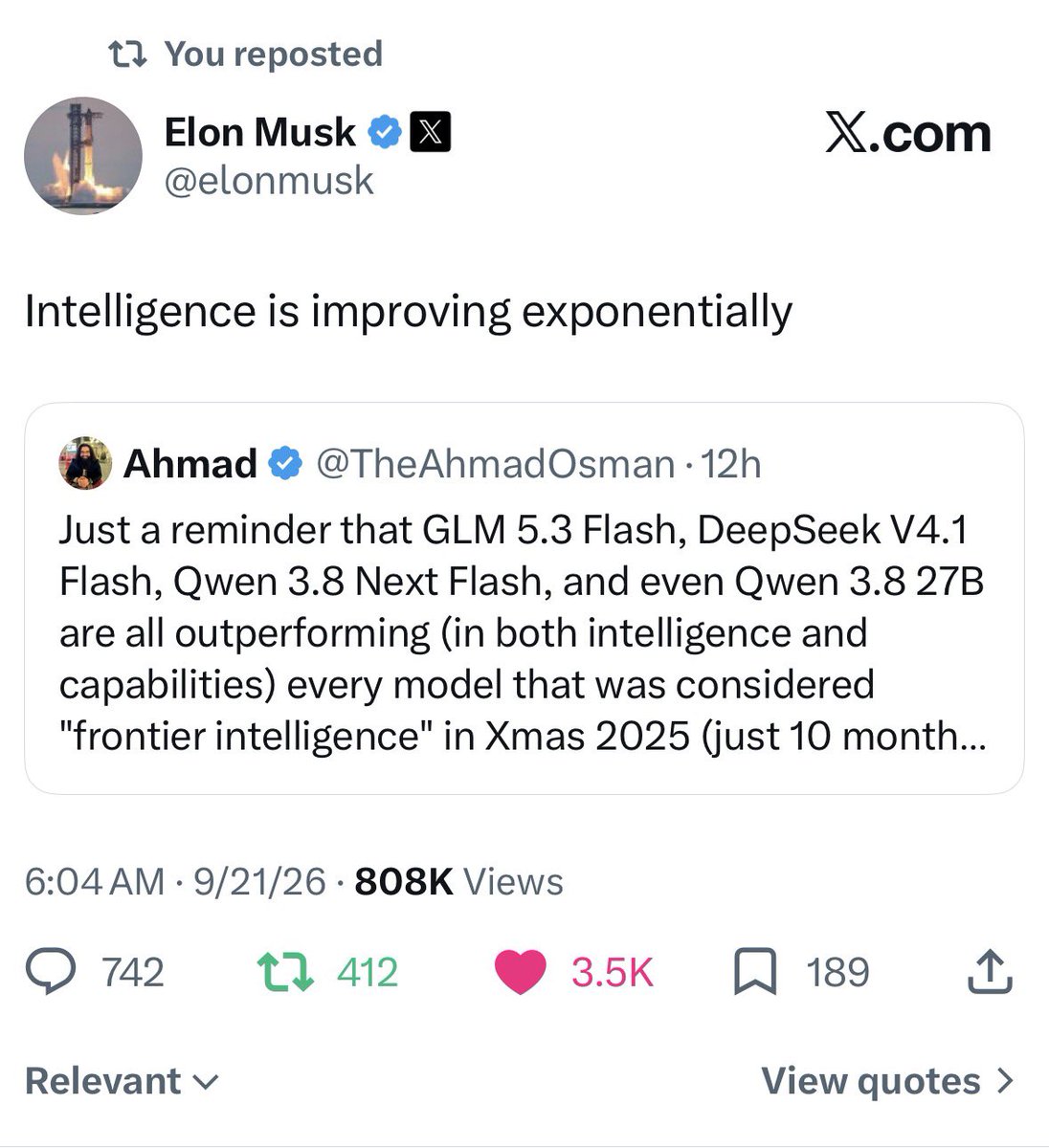 MikeBradleyAI's tweet photo. Elon quoting Ahmad is the timeline where open source wins BTW 💪❤️ https://t.co/ebY7w8rpBB