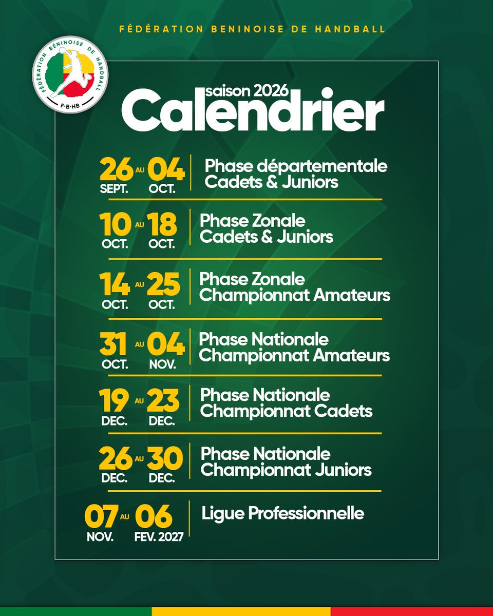 FbHandball's tweet photo. 📅🤾🏾♂️ 𝗖𝗮𝗹𝗲𝗻𝗱𝗿𝗶𝗲𝗿 𝟮𝟬𝟮𝟲
La FBHB dévoile le calendrier des compétitions statutaires 2026. 🏆
📌 Clubs, joueurs, entraîneurs et passionnés : à vos agendas !
🔗 https://t.co/wvWtlB60Uk
🇧🇯 #FBHB #HandballBenin #Saison2026 https://t.co/iePMuiuRUk