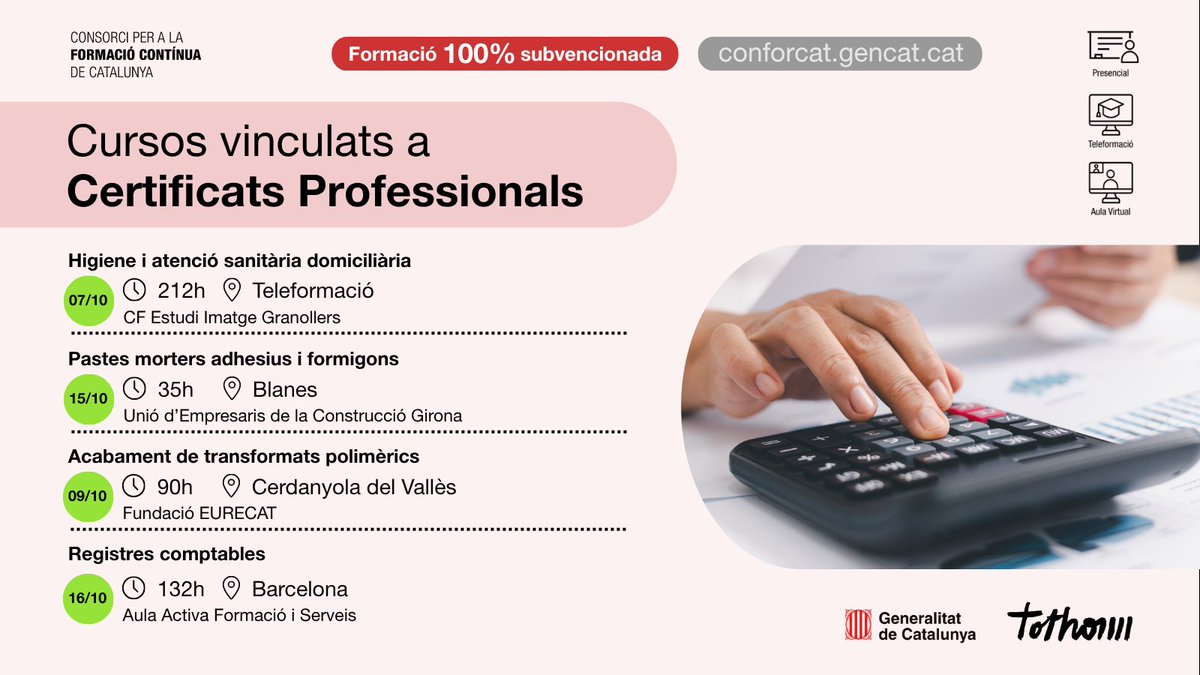 fpo_continua's tweet photo. 📢 Cursos vinculats a certificats professionals 

💯% subvencionats

🗓️ Amb data d'inici entre el 7 i el 16 d'octubre.

@uecgirona
@Eurecat_learn
@AspasiaBCN

🔎 Consulta aquests i molts més al nostre cercador de #cursos 👇https://t.co/bX4J2Ym60N

#Formació https://t.co/IITtySMYJV