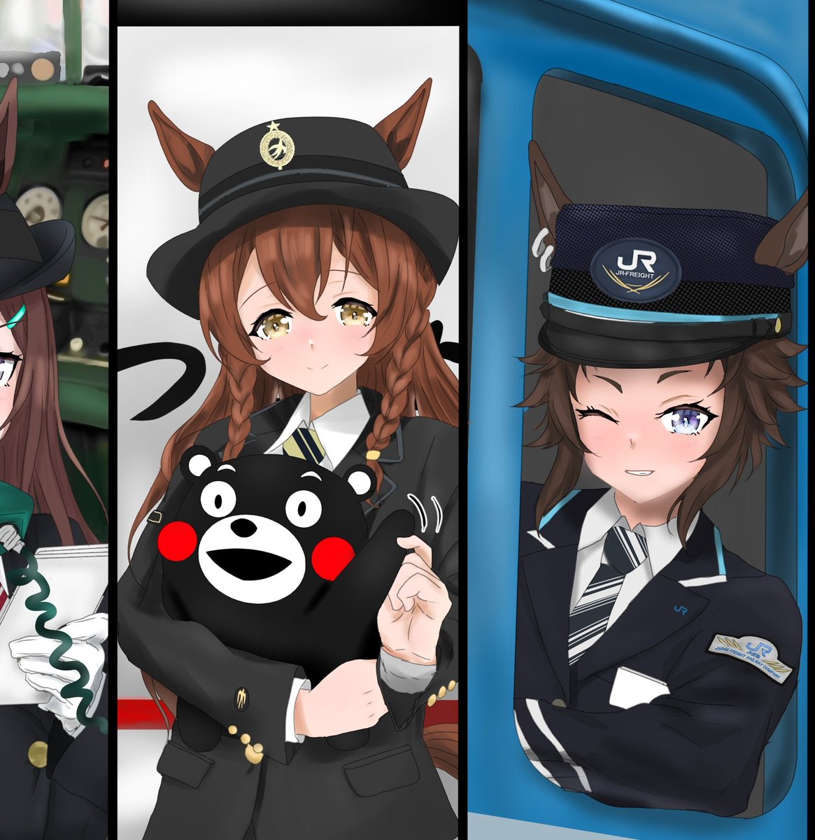 hakojuri's tweet photo. お題箱から📦「JR7社」の制服を着た「メジロ家ウマ娘7人」を是非ともお願いします。

リプ欄にフルサイズのイラストを貼っておきます。
ヘッダーに使用したい方は場合はご自由にどうぞ！
その際に@hakojuriの明記をお願いします🙇 https://t.co/StlZotwPYB