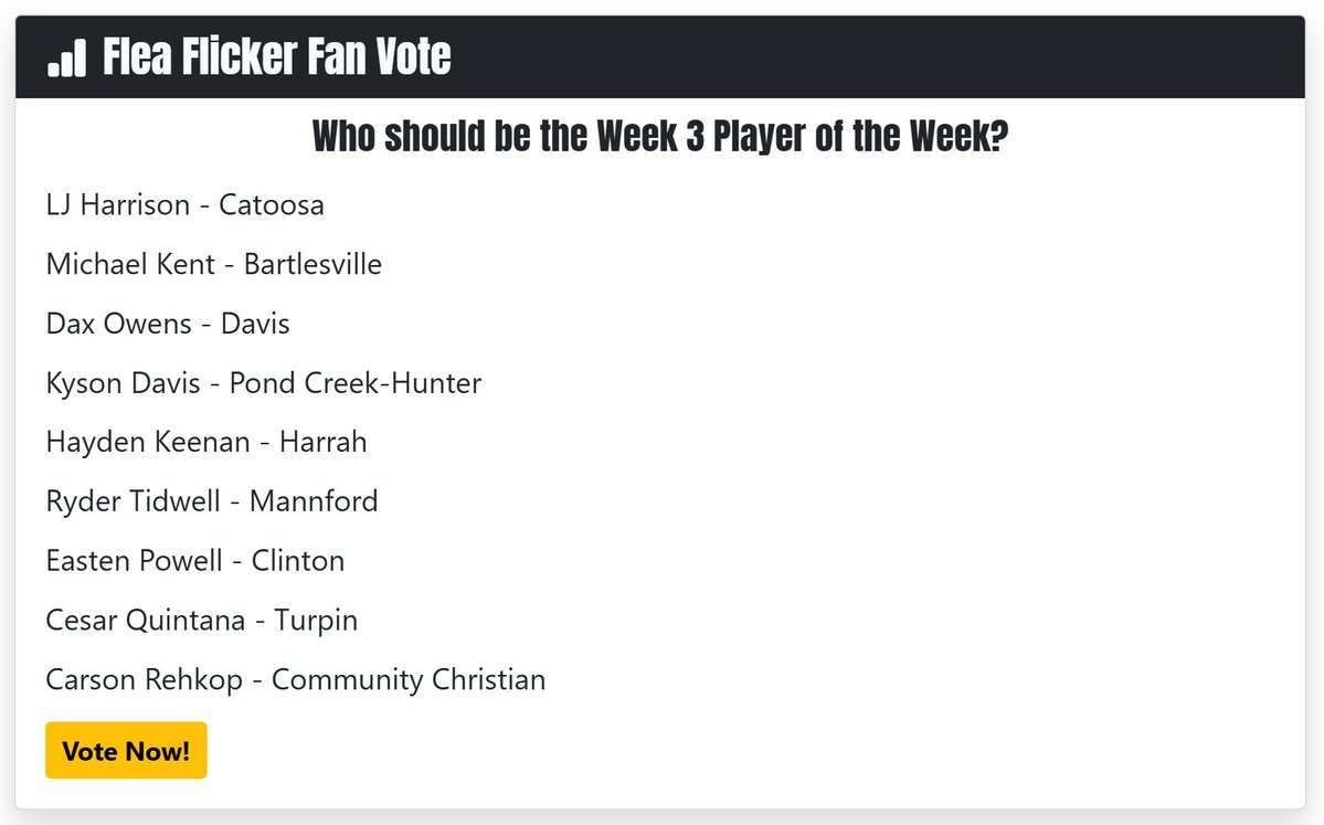 TDFridayNight's tweet photo. It's time to vote for this week's Player of the Week. Nine great nominees to choose from. Just go to https://t.co/ASEpIwPrnm to vote. We'll take votes through Wednesday night and announce the winner Thursday morning. #tdfn #okpreps @carson_rehkop @eastenp7 @rydertidwell32 @HAYM00SE @PondCreekHunter @dax_owens4 @Michael_Kent14 @LjHarrison2027