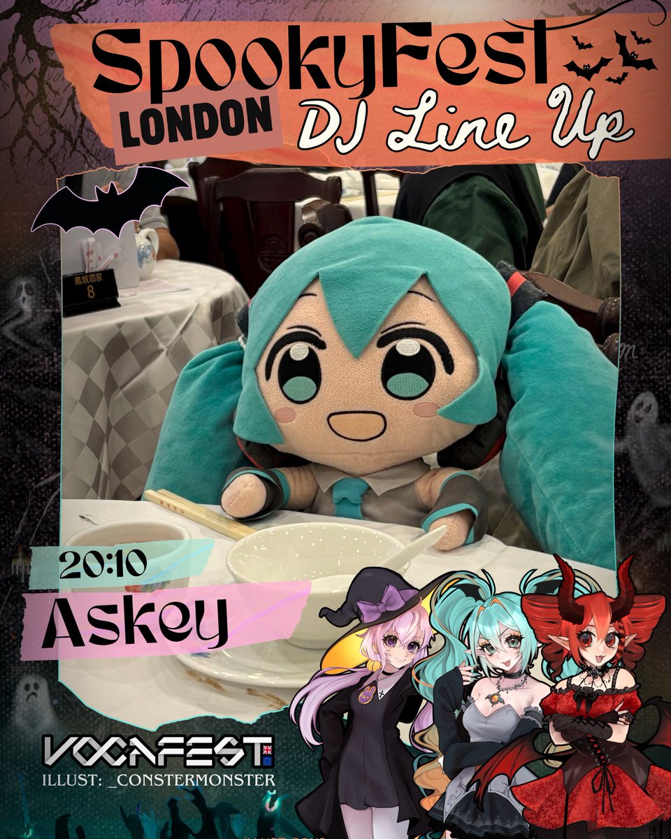 VOCAFESTUK's tweet photo. 🦇 Spookyfest 2026 DJ Line-up 🦇

🌙 Night show only*

19:30 - SARE
20:10 - Askey
20:50 - IA RE:PULSE　WORLD DJ TOUR - LONDON *(Day & Night show)
21:30 - Thea-P
22:10 - lolilili
22:50 - Shirox

✨ Keep your eyes peeled for the day show acts!

🧡 We can’t wait to see you all! Tickets are available now with the link below! 

#vocaloid #miku #teto #IAVocaloid #london