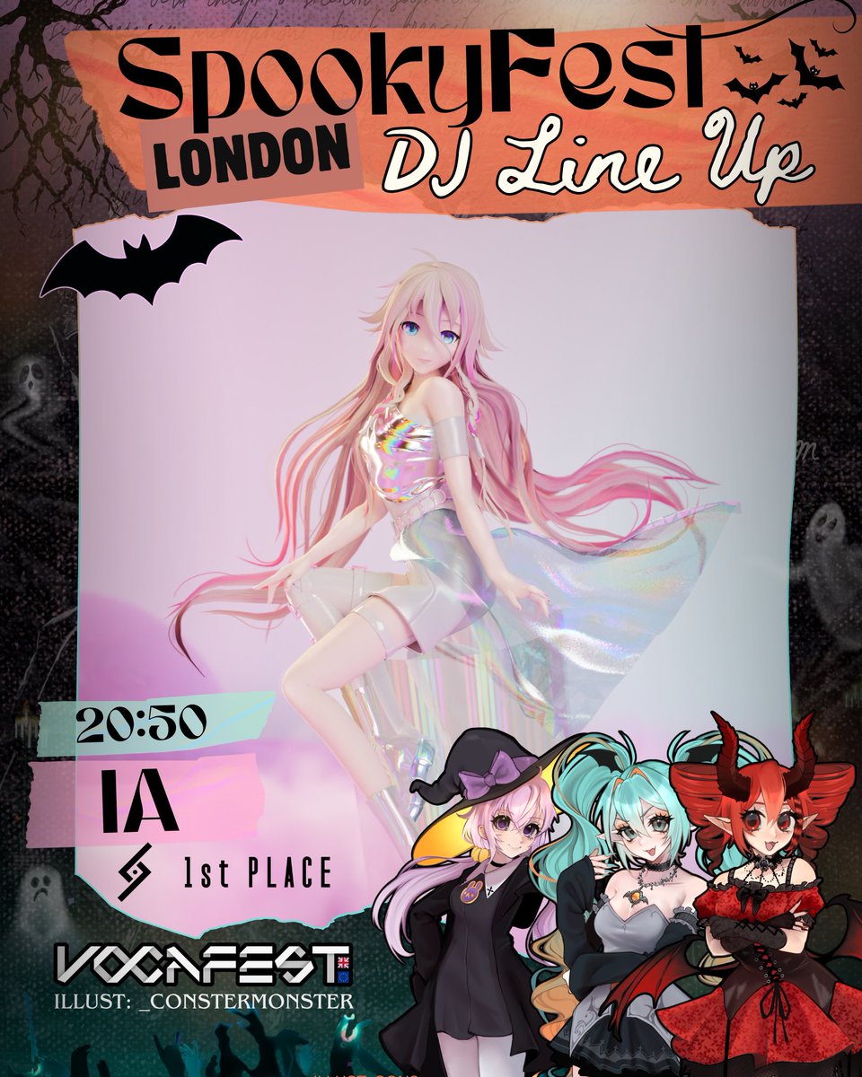 VOCAFESTUK's tweet photo. 🦇 Spookyfest 2026 DJ Line-up 🦇

🌙 Night show only*

19:30 - SARE
20:10 - Askey
20:50 - IA RE:PULSE　WORLD DJ TOUR - LONDON *(Day & Night show)
21:30 - Thea-P
22:10 - lolilili
22:50 - Shirox

✨ Keep your eyes peeled for the day show acts!

🧡 We can’t wait to see you all! Tickets are available now with the link below! 

#vocaloid #miku #teto #IAVocaloid #london