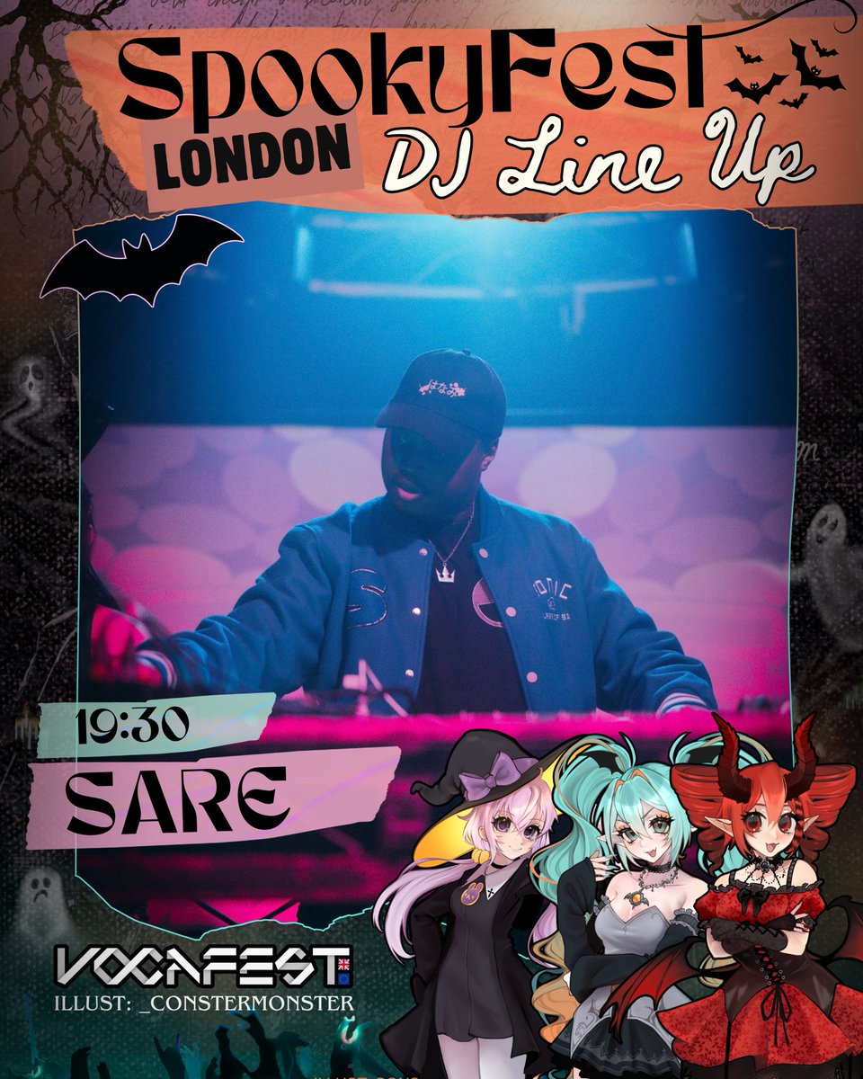 VOCAFESTUK's tweet photo. 🦇 Spookyfest 2026 DJ Line-up 🦇

🌙 Night show only*

19:30 - SARE
20:10 - Askey
20:50 - IA RE:PULSE　WORLD DJ TOUR - LONDON *(Day & Night show)
21:30 - Thea-P
22:10 - lolilili
22:50 - Shirox

✨ Keep your eyes peeled for the day show acts!

🧡 We can’t wait to see you all! Tickets are available now with the link below! 

#vocaloid #miku #teto #IAVocaloid #london
