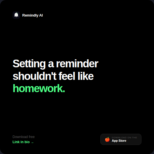 RemindlyAI_app's tweet photo. Here's exactly why it's better than the regular app 📅
No date picker scrolling, alerts stacked instead of set one by one, and categories picked for you. Download free link in bio
#RemindlyAI #NeverForget #Productivity #AIApp #LifeHack https://t.co/yarCHEonVb